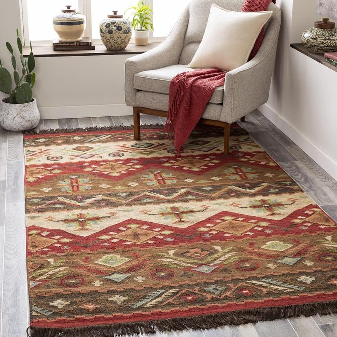 Mark&Day 8x8 Claudette Bohemian Global Khaki Square Area Rug - Brown White Beige Non-Slip Carpet for Living Room, Bedroom, Kitchen - Perfect for Boho Chic Home Decor & Cozy Floor Covering (8' Square)