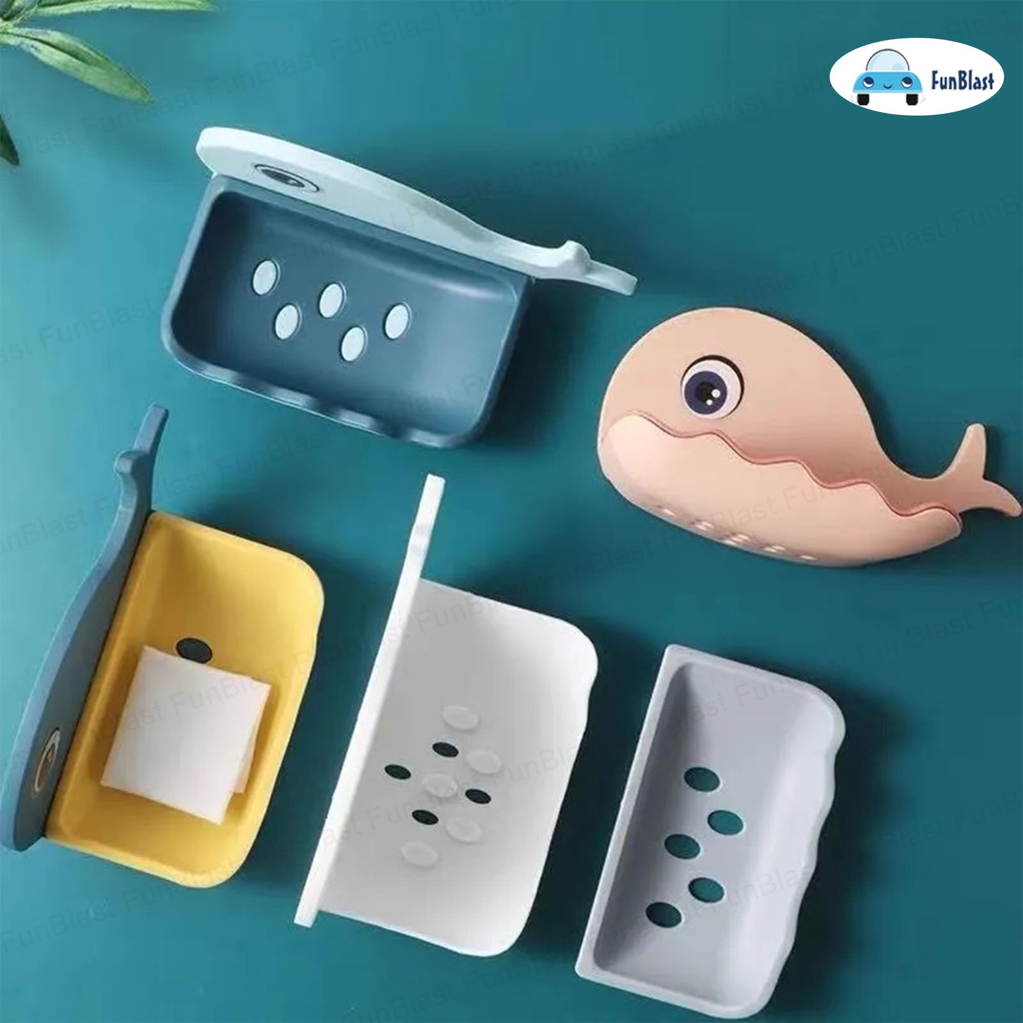 FunBlast Fish Design Soap Dish Holder - Wall Mounted Bathroom & Kitchen Soap Stand with Magic Stickers (2-Pack, Random Colors) | Perfect for Sink, Shower, and Countertop Organization