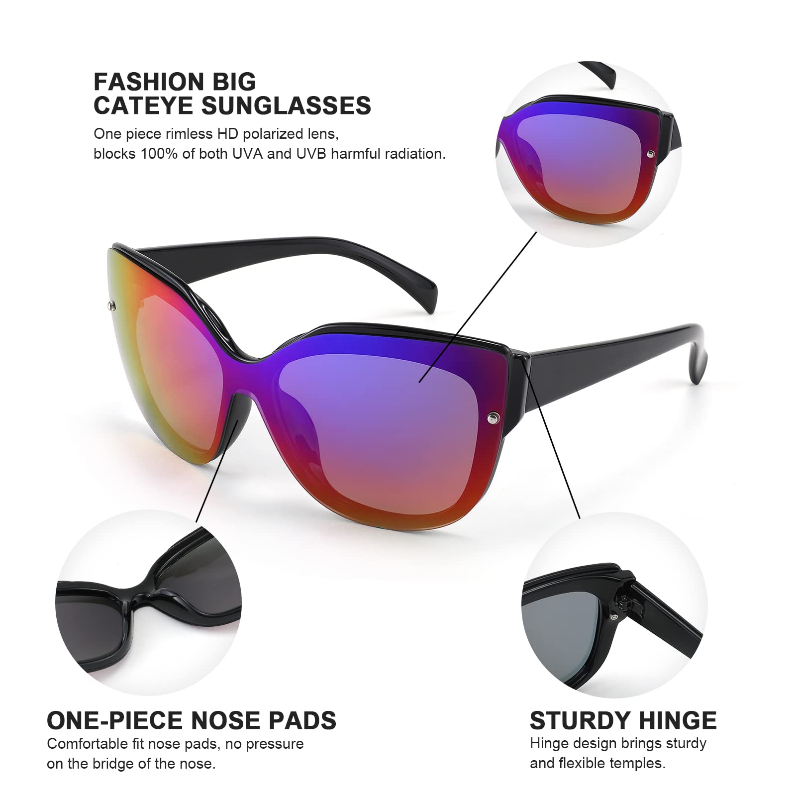 FEISEDY Polarized Cat Eye Sunglasses for Women & Men - Rimless Mirrored Oversized Retro Sunglasses B2796 | UV Protection, Fashion Accessory for Driving, Beach & Outdoor Activities