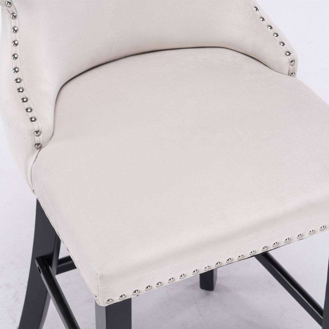 Velvet Upholstered Button Tufted Bar Stools with Wood Legs and Studs - Set of 4 Beige Counter Height Stools for Kitchen Island, Breakfast Bar & Home Decor