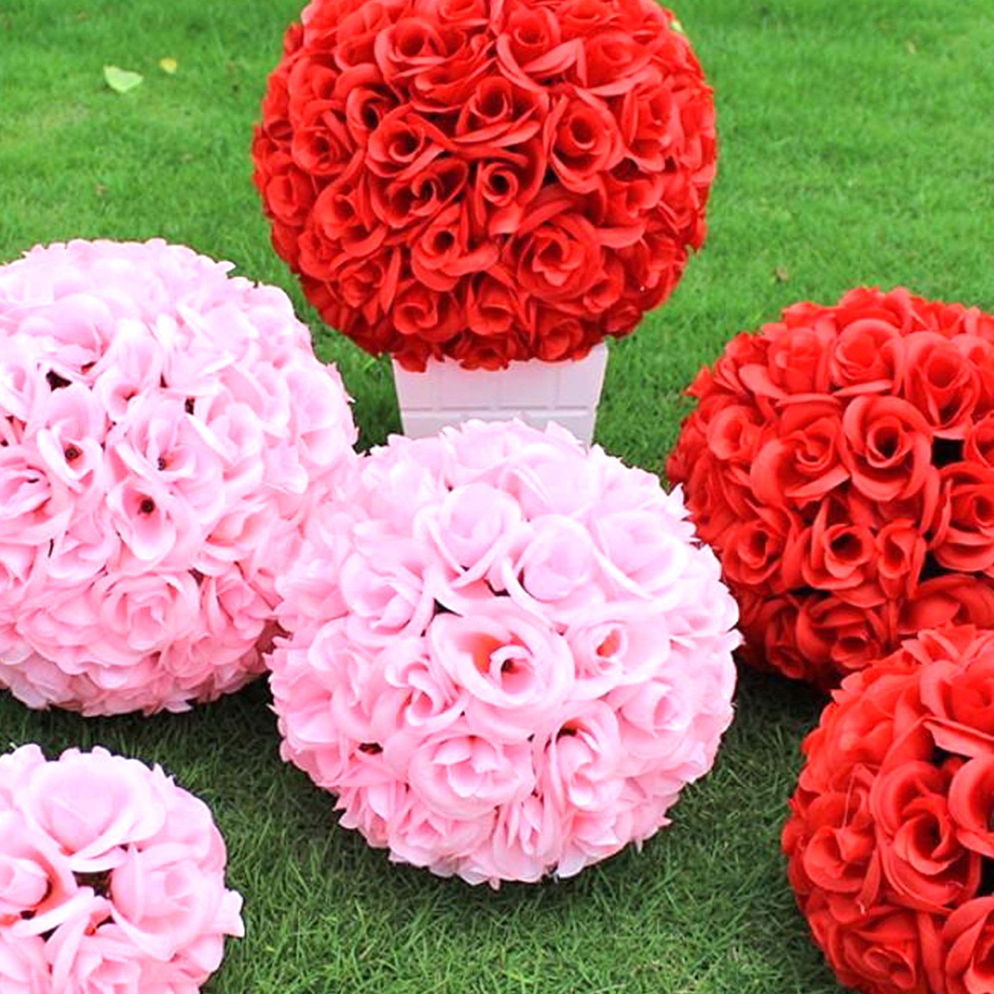10 Inch Round Foam Pomander Rose Kissing Ball with Satin Ribbon - Elegant Wedding Decor for Hanging Centerpieces, Aisle Decorations & Bridal Showers (Red)