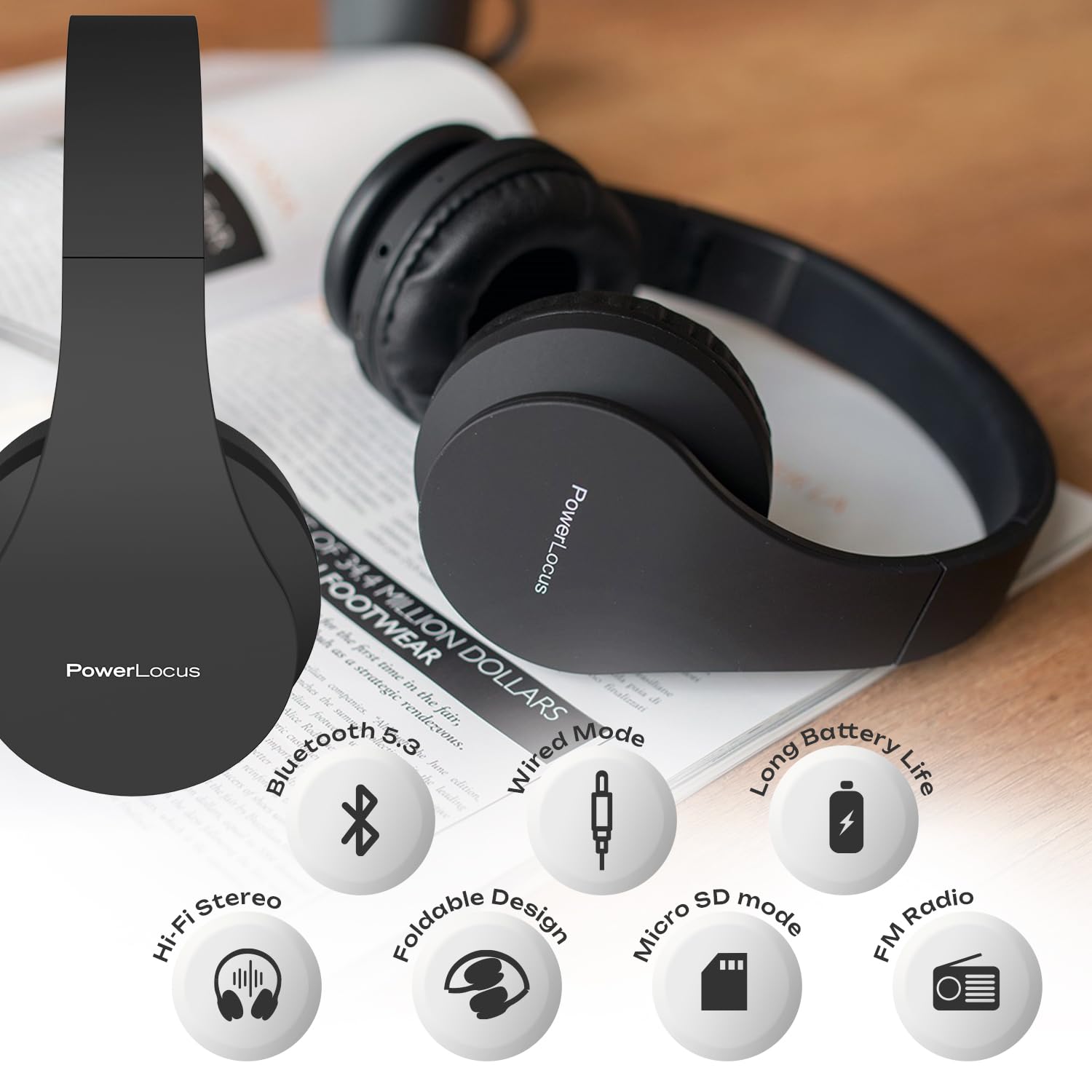 PowerLocus Wireless Bluetooth Over-Ear Headphones with Noise Cancelling, Foldable Stereo Headset with Built-in Mic for iPhone, Samsung, LG, iPad - Perfect for Travel, Work & Gaming (Black)