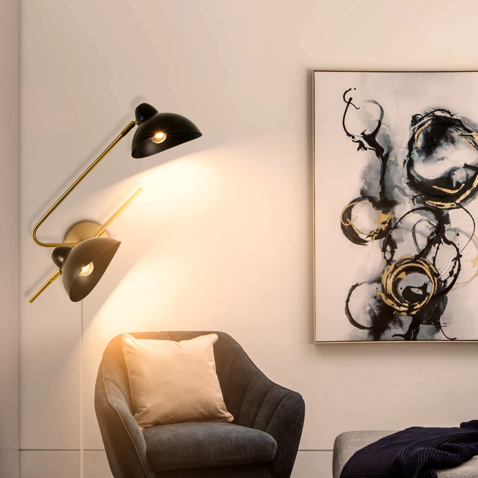 2-Light Plug-in Wall Sconces, Black & Gold Swing Arm Wall Lamp - Modern Plug-in Wall Light for Living Room, Bedroom, Bedside - Easy Installation with Plug Cord - Perfect for Reading Nook, Hallway & Home Office Lighting