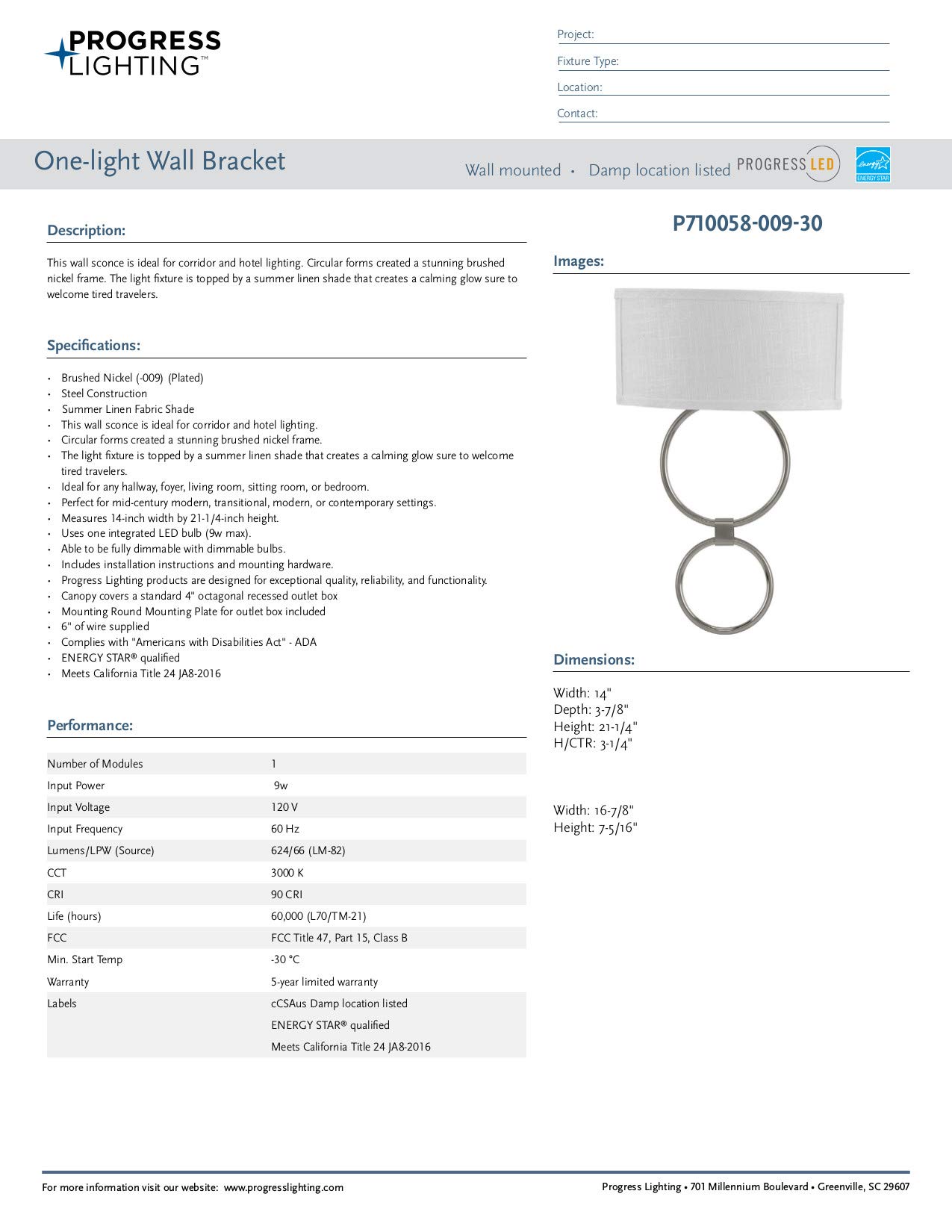 Progress Lighting LED Shaded Sconce - Brushed Nickel One-Light Circle Wall Light Fixture for Bedroom, Hallway & Living Room Decor
