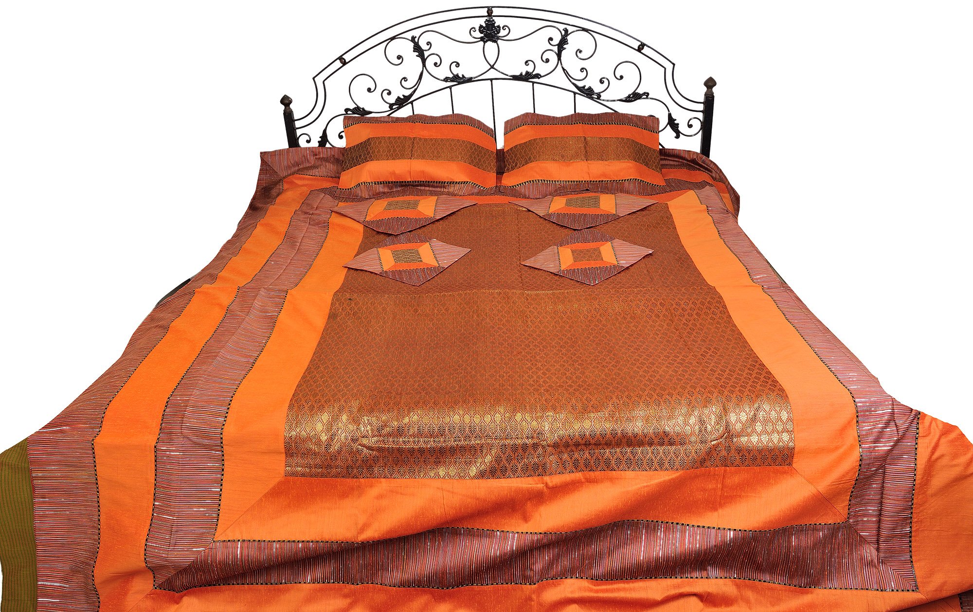 7-Piece Banarasi Jacquard Bedspread Set - Art Silk Luxury Bedding with Matching Pillow Cases & Cushion Covers in Apricot Orange - Perfect for Master Bedroom Decor, Wedding Gifts & Boho Home Styling