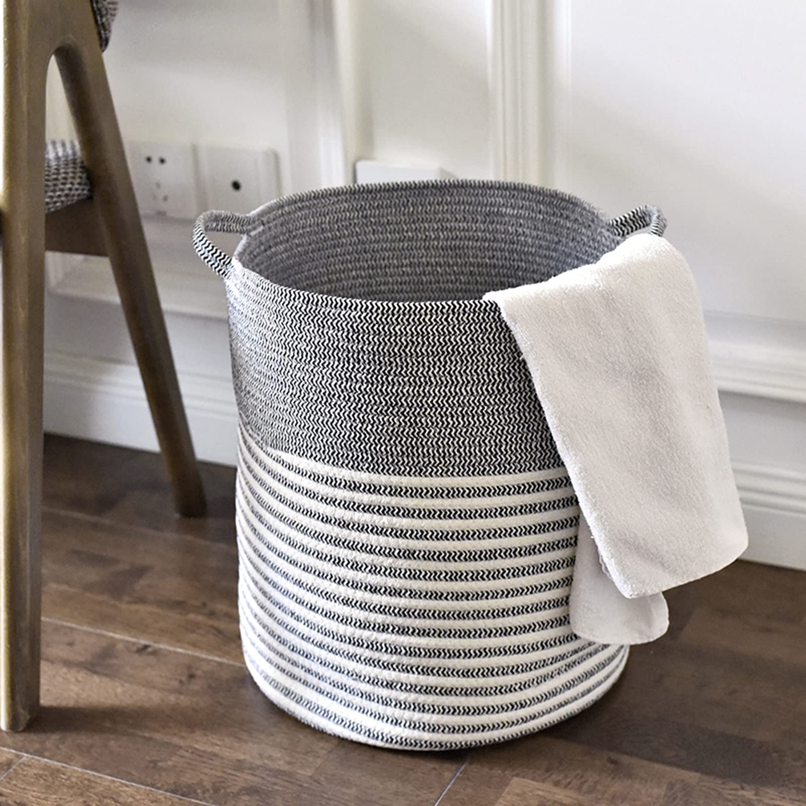 Cotton Rope Storage Basket with Handle - Stylish Gray & White Round Organizer for Toys, Clothes, Laundry, Diapers | Perfect for Living Room, Nursery & Home Decor