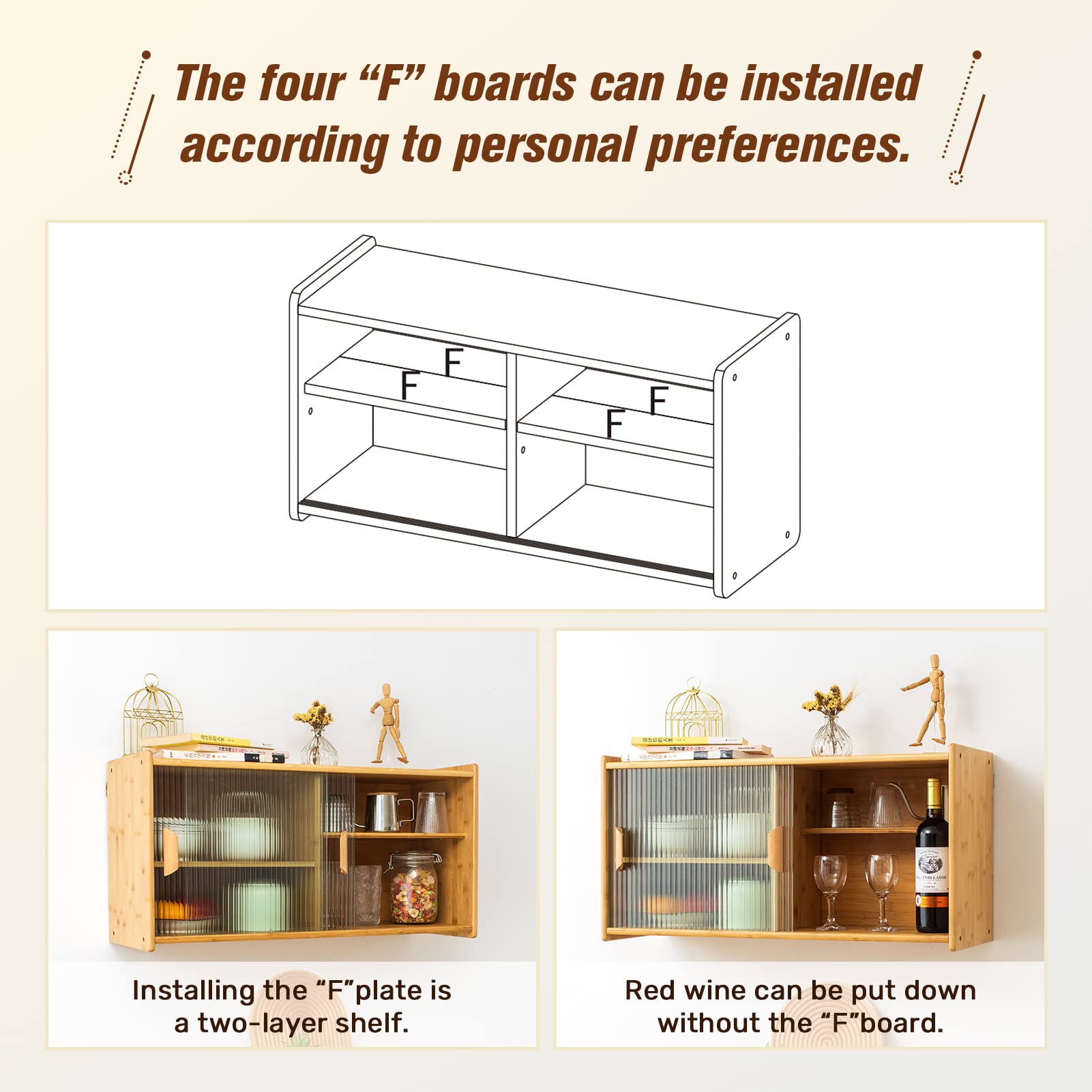 HollyHOME Small Bamboo Wall Mounted Kitchen Pantry Cabinet with 2 Doors - Coffee Bar & Wine Storage Organizer for Liquor Bottles, Glasses, Dishes - Perfect for Dining Room, Kitchen, Bar or Entryway Storage Solution