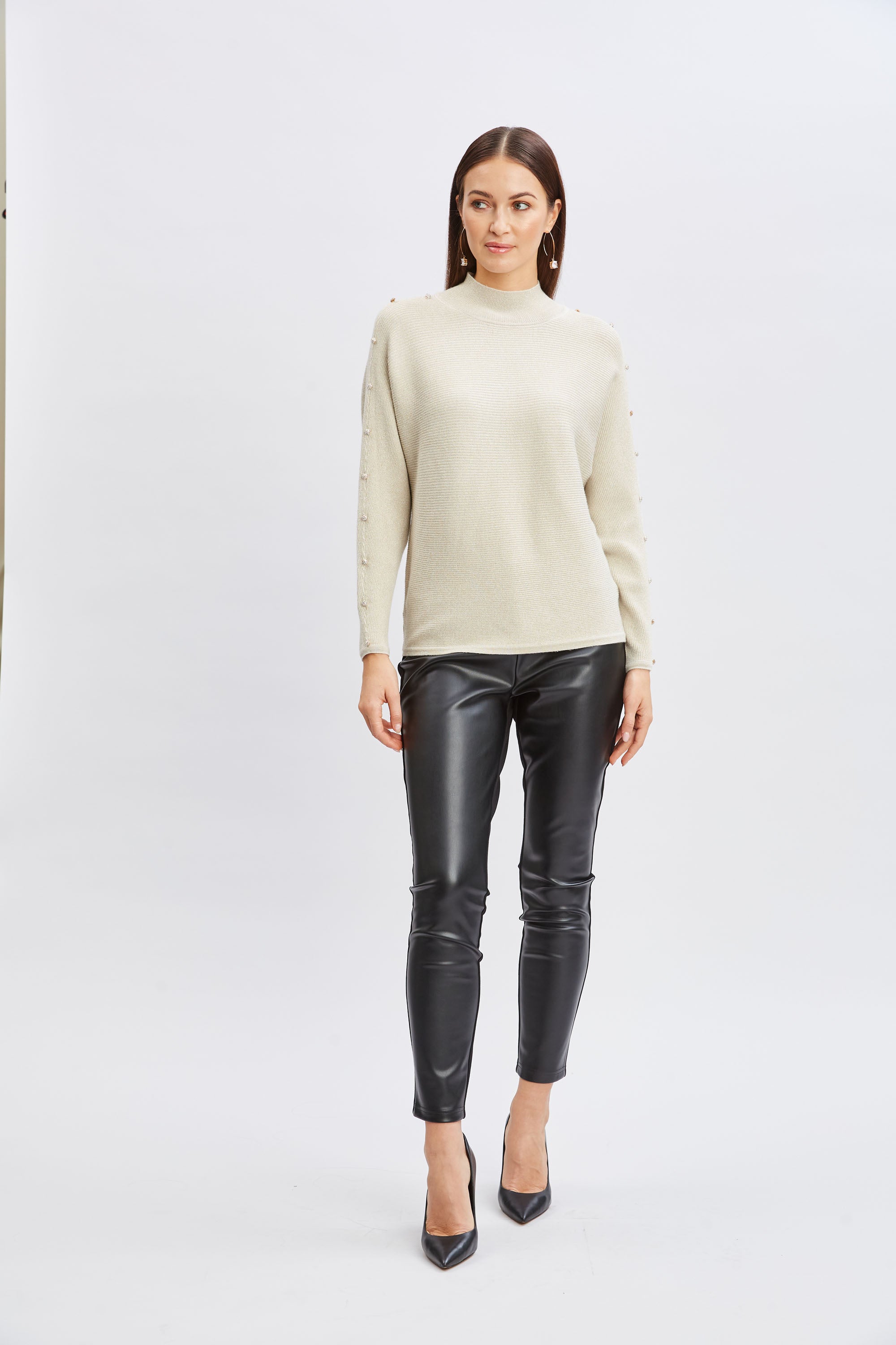 Tahari Women's Crystal Sleeve Lurex Sweater - Elegant Knit Pullover with Sparkle Details for Holiday Parties & Evening Events