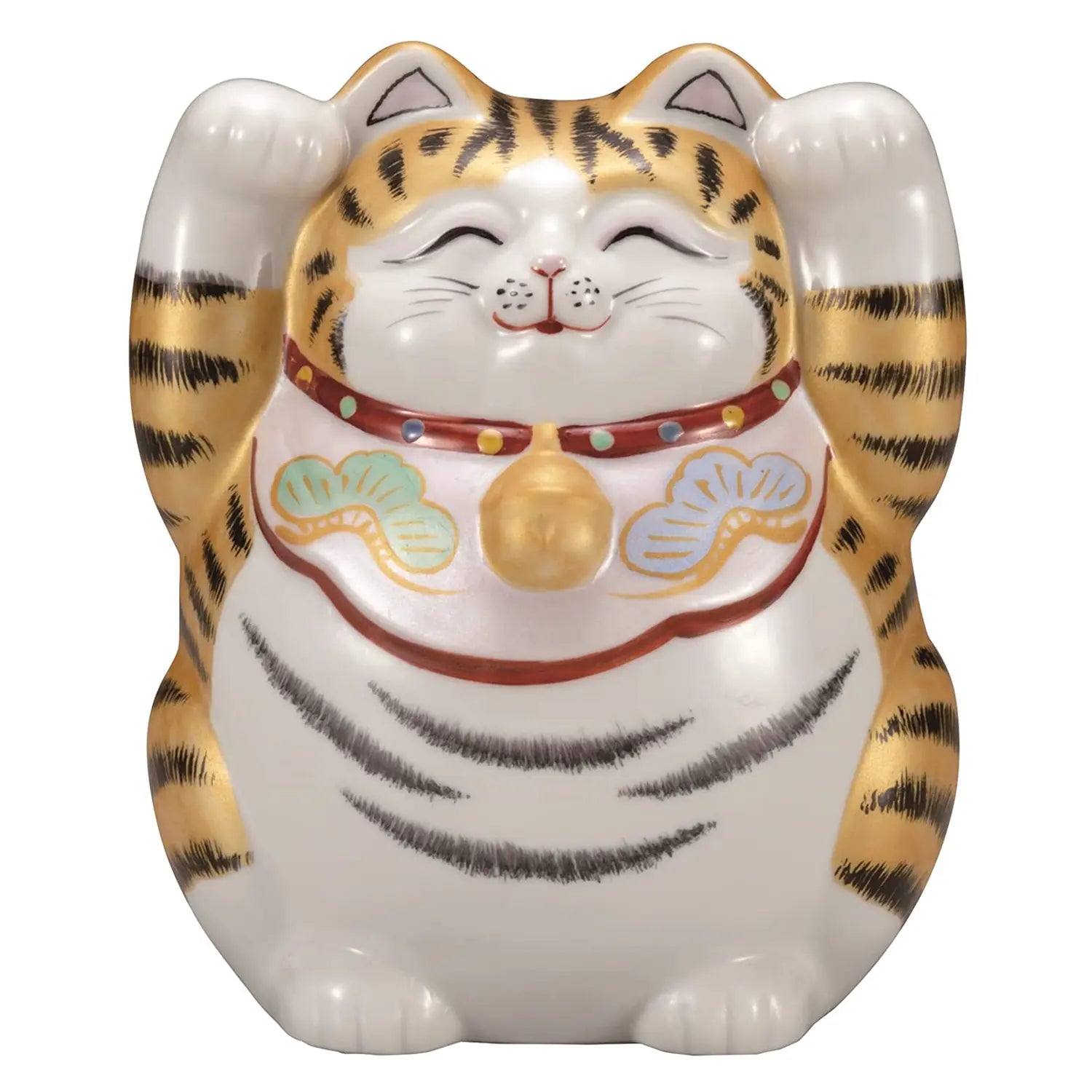Authentic Japanese Kutani Ware Porcelain Maneki Neko Figurine - Kinsai 5 Go - Lucky Beckoning Cat Statue for Home Decor, Office, and Gift Giving