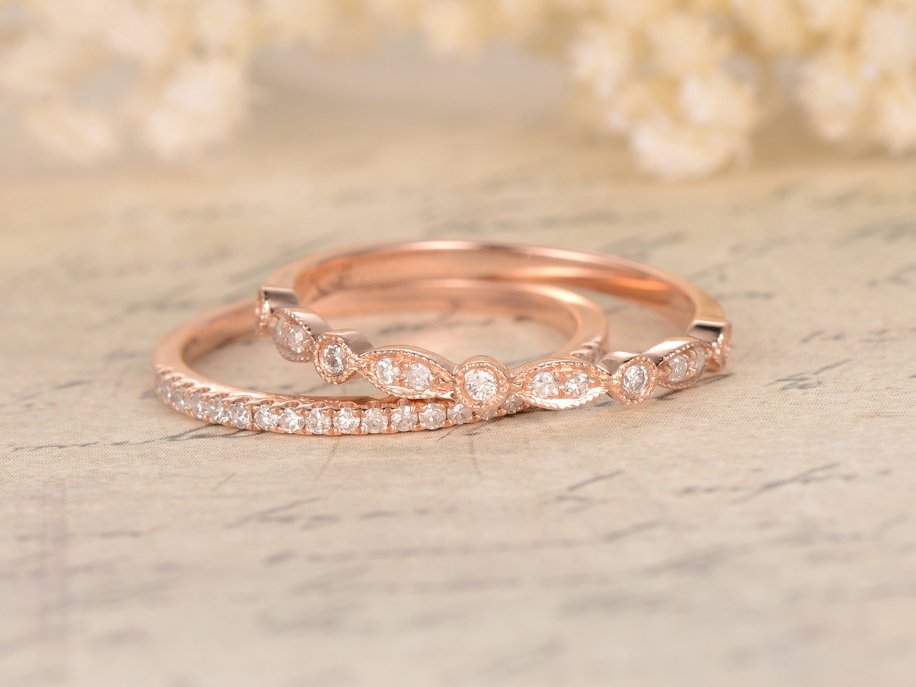 14K Rose Gold Half Eternity Diamond Wedding Ring Set - Anniversary Band for Stacking & Milgrain Detail