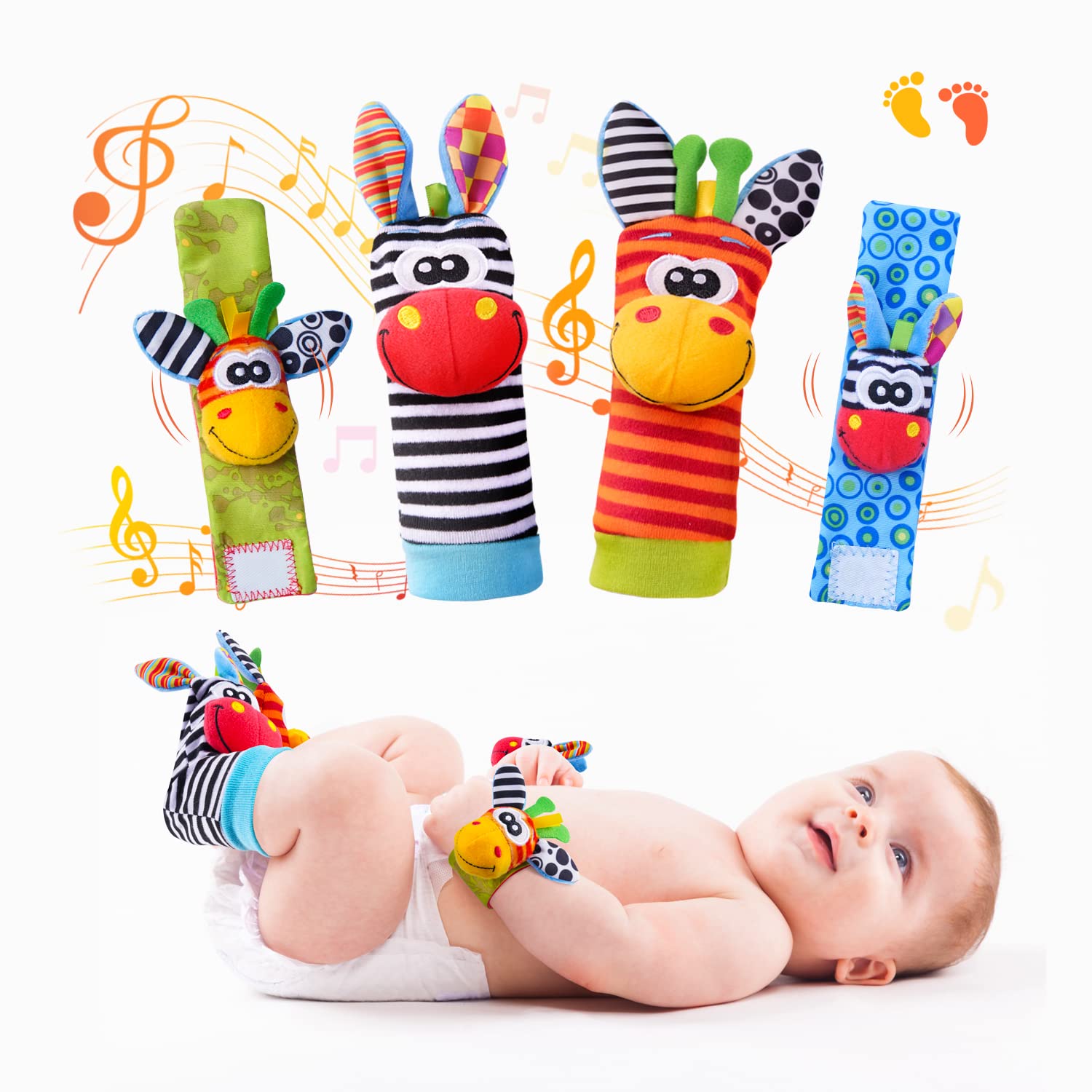 Koty Baby Wrist Rattles & Foot Finder Toys Set - Newborn Infant Rattle Socks, Arm Bracelet & Ankle Socks for Boys & Girls - Soft Sensory Developmental Toys for 0-12 Months - Perfect Baby Shower Gift & Early Learning Playtime Accessories