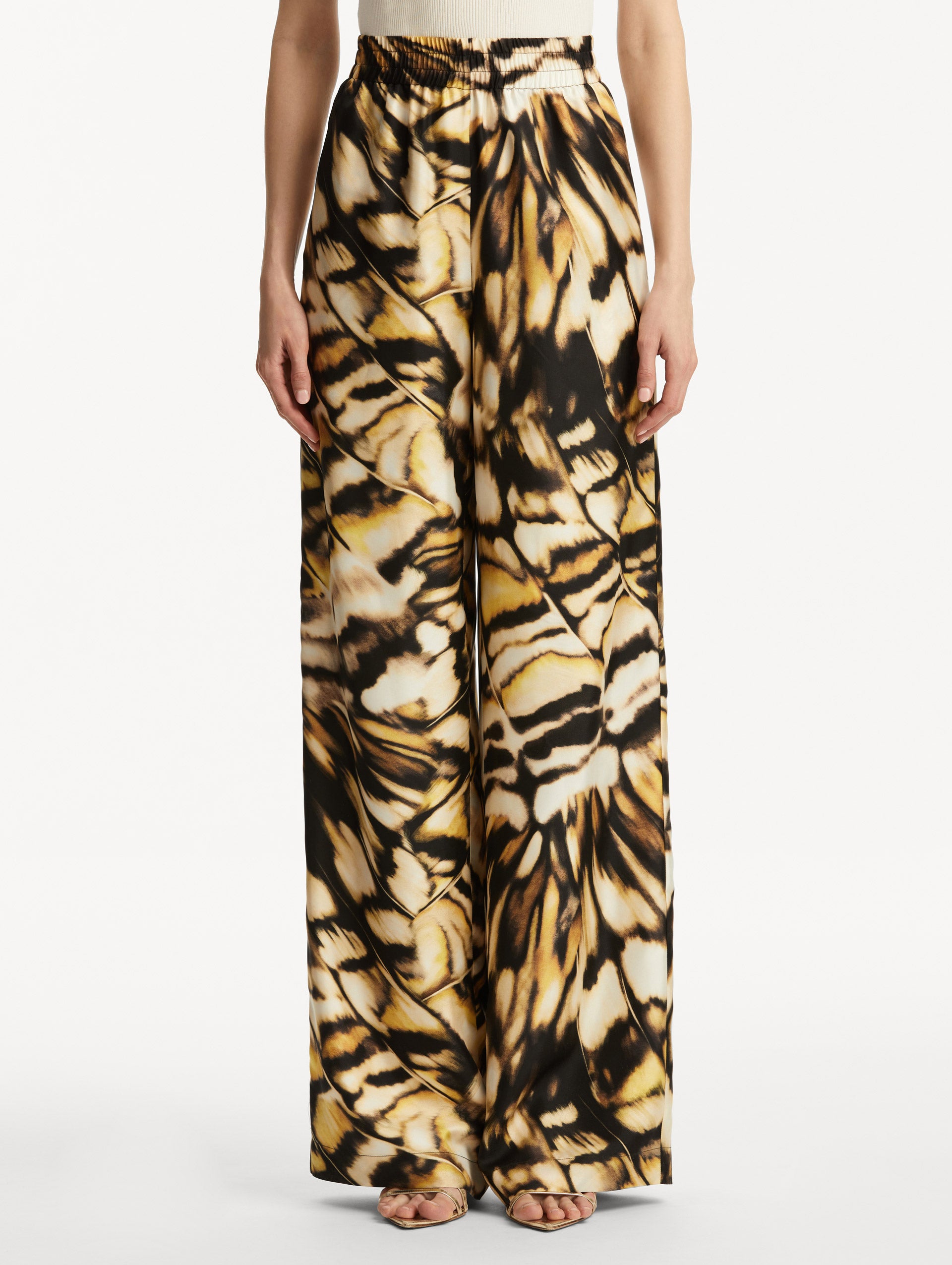 Abstract Butterfly Print Silk Twill Pants - Elegant Women's Lounge Pants for Home, Yoga & Casual Wear