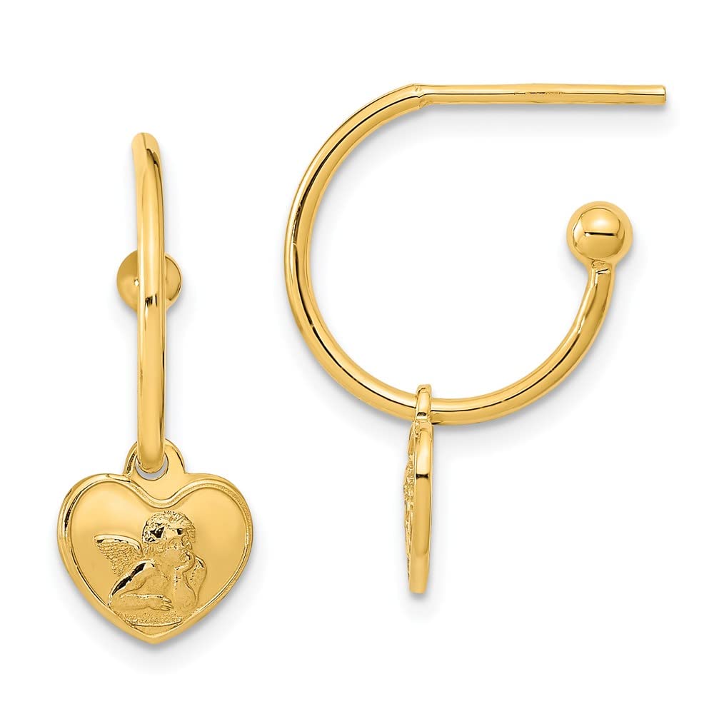 14K Yellow Gold Polished Removable Heart Angel Charm Post Hoop Earrings for Women - Elegant Dainty Jewelry Gift for Valentine's Day, Anniversary & Everyday Wear