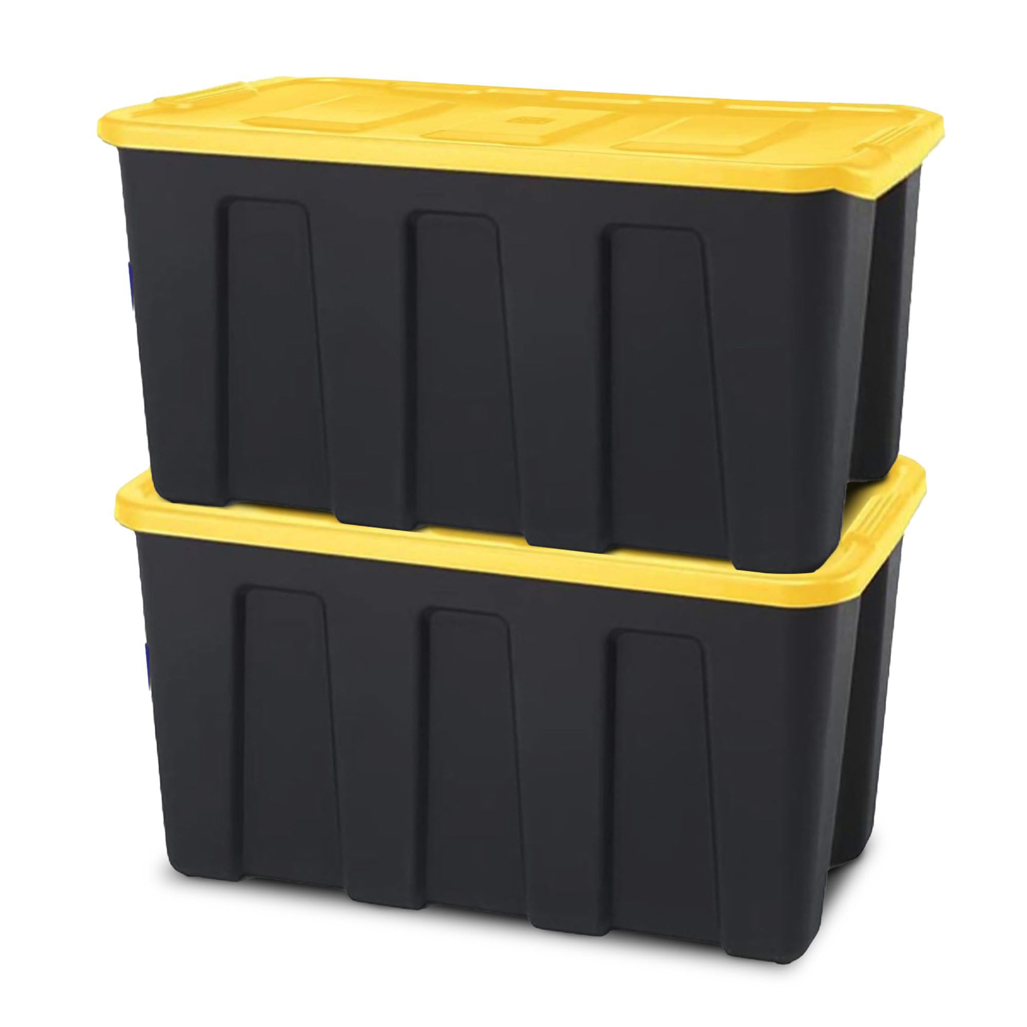 HOMZ 2-Pack 34 Gallon Heavy Duty Plastic Storage Bins with Secure Lids - Black/Yellow - Durable Stackable Containers for Garage Organization, Home Storage & Moving Supplies
