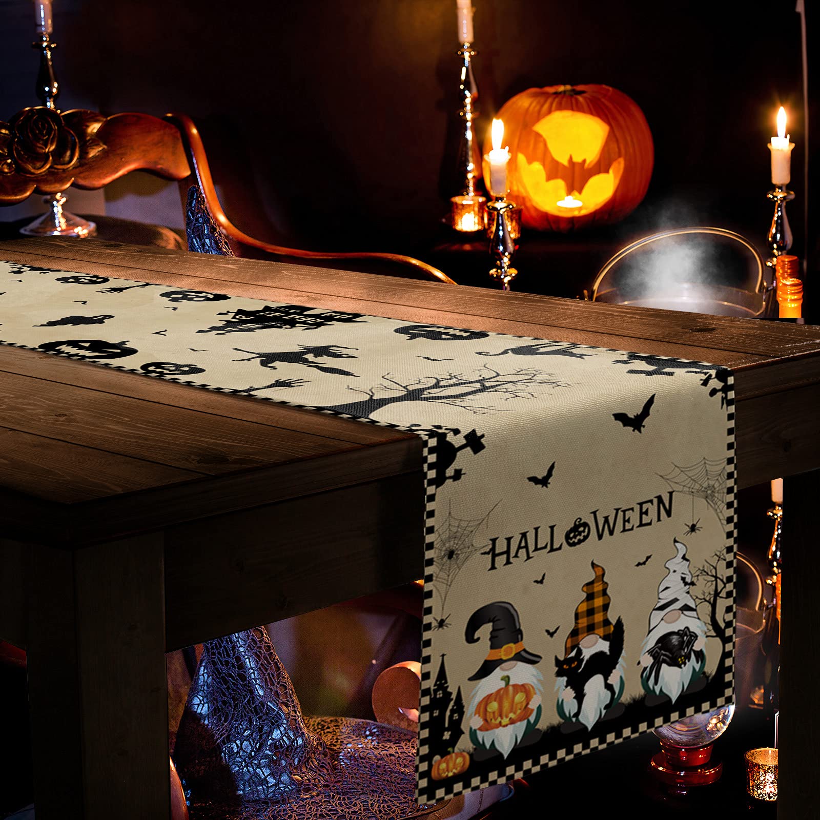 Halloween Burlap Table Runner 72 Inches - Scary Witches, Gnomes, Pumpkins, Black Cats & Bats Haunted House Design for Kitchen, Dining & Coffee Tables | Perfect for Halloween Parties, Home Decor & Holiday Gatherings