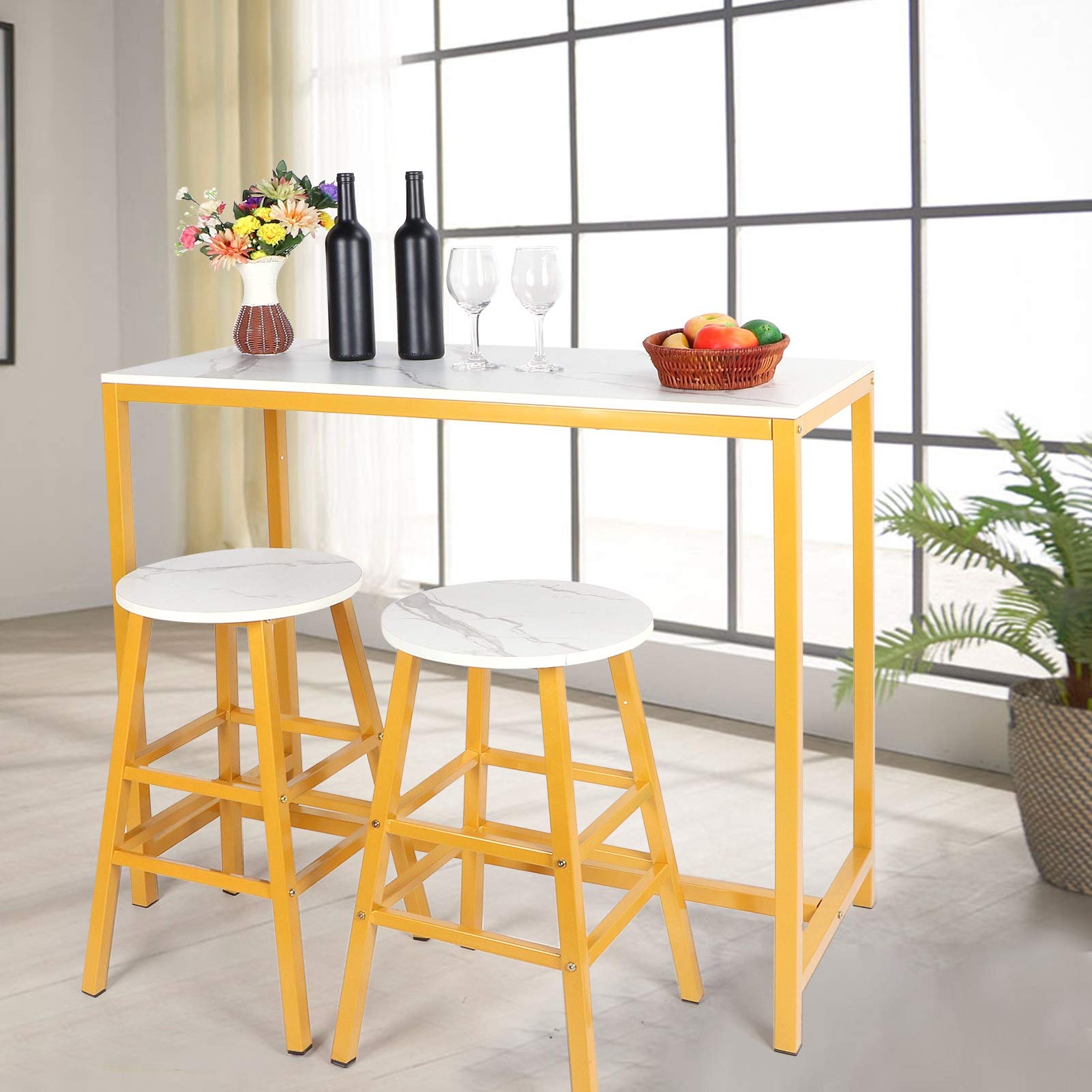 GOTOTOP 3-Piece Bar Table Set - Compact MDF & Metal Dining Table with Chairs for Small Spaces, Kitchen, Living Room, Bar - Perfect for Breakfast Nook, Studio Apartments & Entertaining Guests