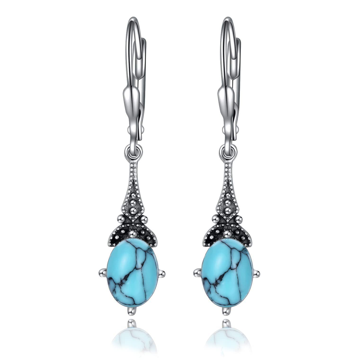 Vintage Sterling Silver Leverback Drop Dangle Earrings for Women - 8x6mm Oval Genuine/Simulated Birthstone Crystal from Austria | Birthday Jewelry Gifts for Her | Perfect for Parties, Weddings & Special Occasions