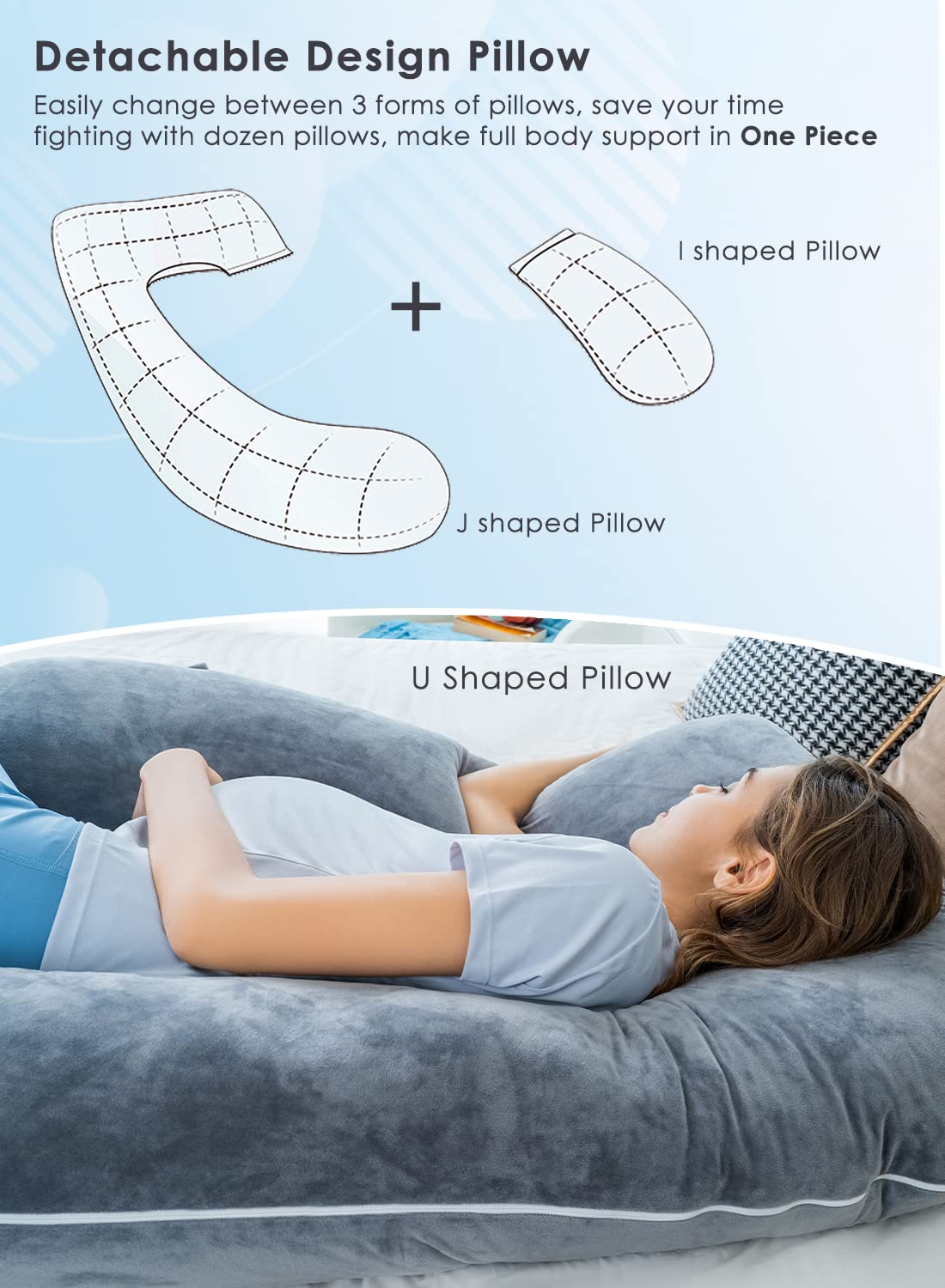 QUEEN ROSE Pregnancy Pillow - Detachable U-Shaped Maternity Body Pillow for Sleeping, Extra Soft Velvet Cover, Full Body Support for Pregnant Women (Dark Grey) - Perfect for Side Sleepers & Back Pain Relief During Pregnancy