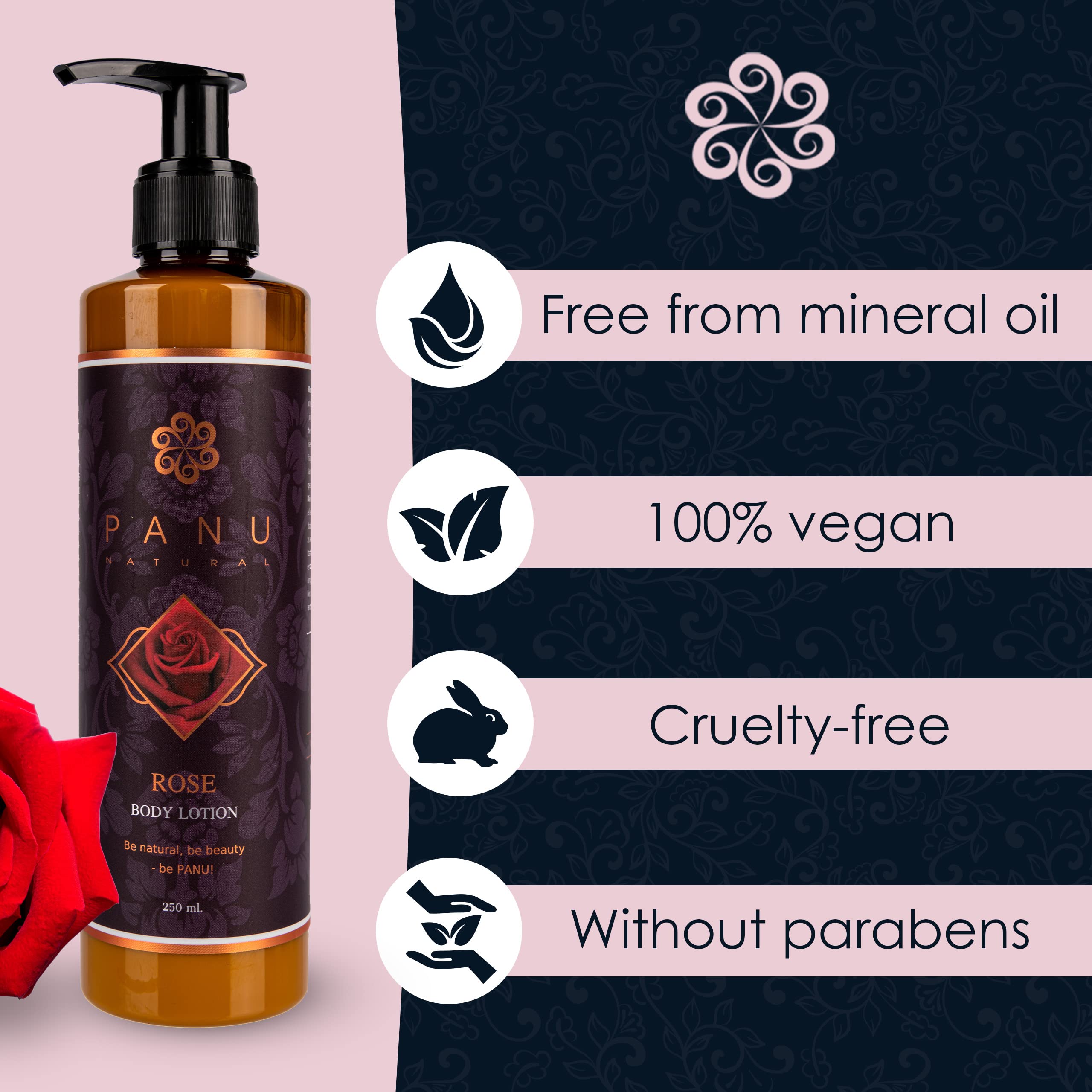 Panu Natural Rose Body Lotion for Very Dry Skin - Deep Moisturizing Vegan Body Cream from Thailand - Perfect for Daily Hydration & Sensitive Skin Care