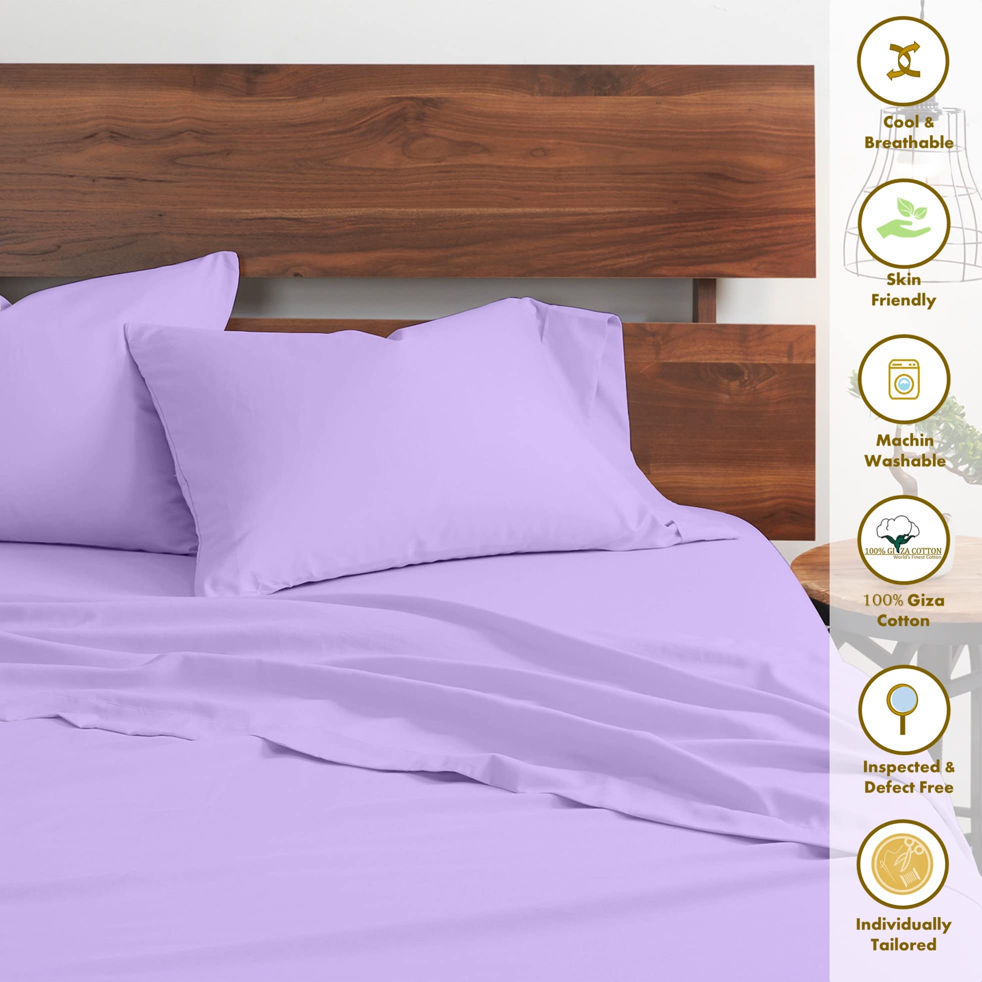 100% Certified Giza Cotton Pillowcase & Sheet Set - Egyptian Giza Cotton, RV Short Queen Size, Soft Sateen Weave, Breathable Fabric, Fits Up to 15-Inch Deep Pockets - Lilac | Perfect for RV, Camping & Guest Bedrooms