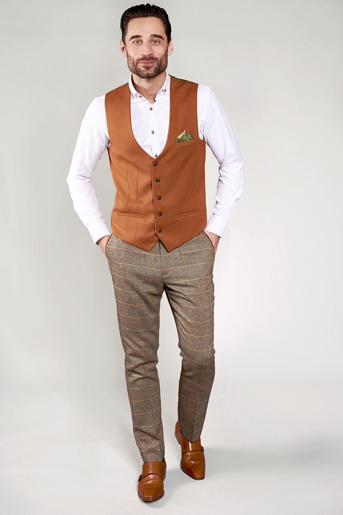 KELLY Dark Tan Single Breasted Waistcoat for Men - Slim Fit Formal Vest for Suits, Weddings & Business Attire - Premium Wool Blend Waistcoat for Office, Cocktail Parties & Special Occasions