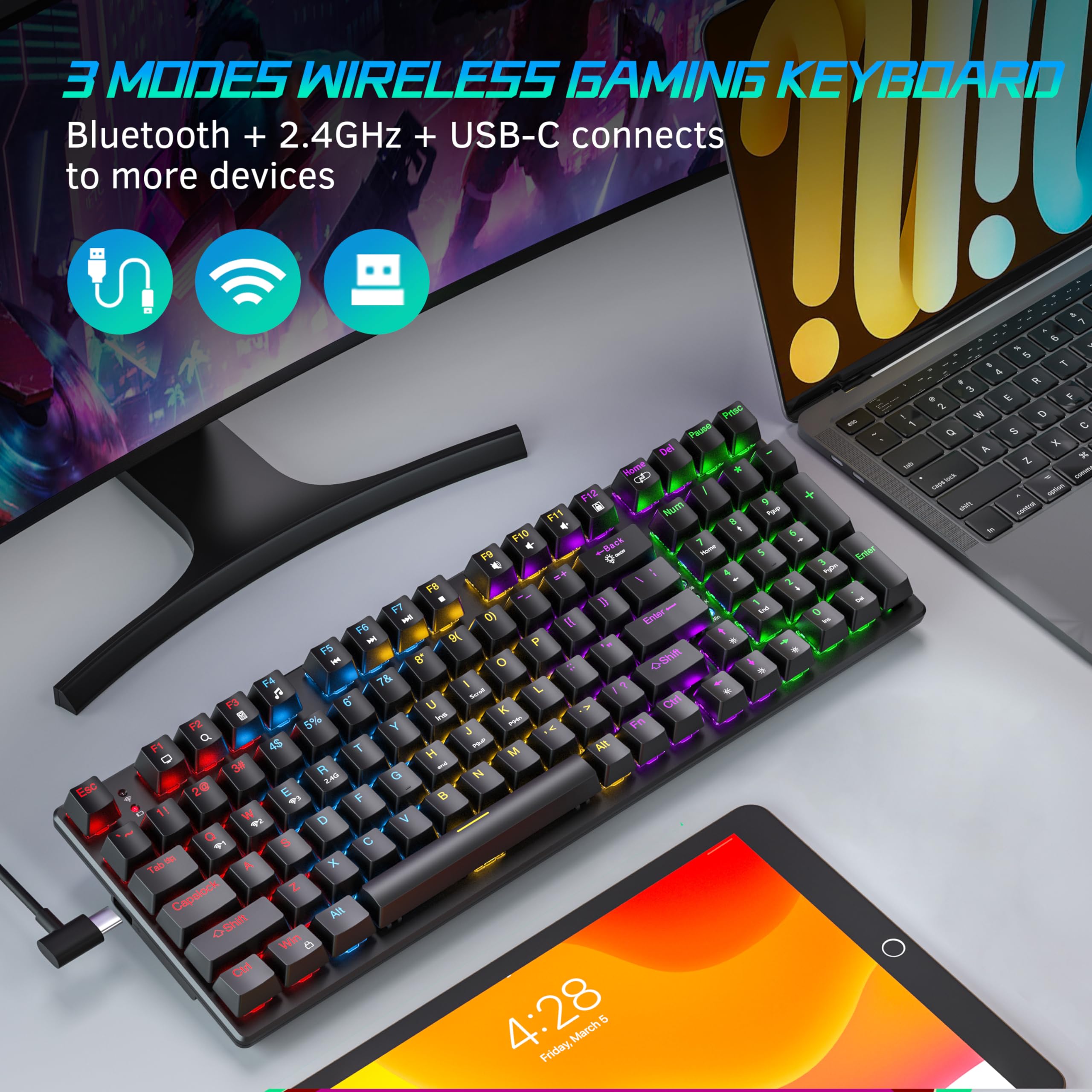 Wireless Mechanical Gaming Keyboard and Mouse Combo - 98 Keys RGB Backlit with Black Switches, Ergonomic Wireless Mouse & Mouse Pad, 3-Mode Connectivity (USB-C/2.4G/BT5.0), Full Anti-Ghosting - Perfect for PC & Laptop Gamers (Esports, FPS, MMO Gaming)