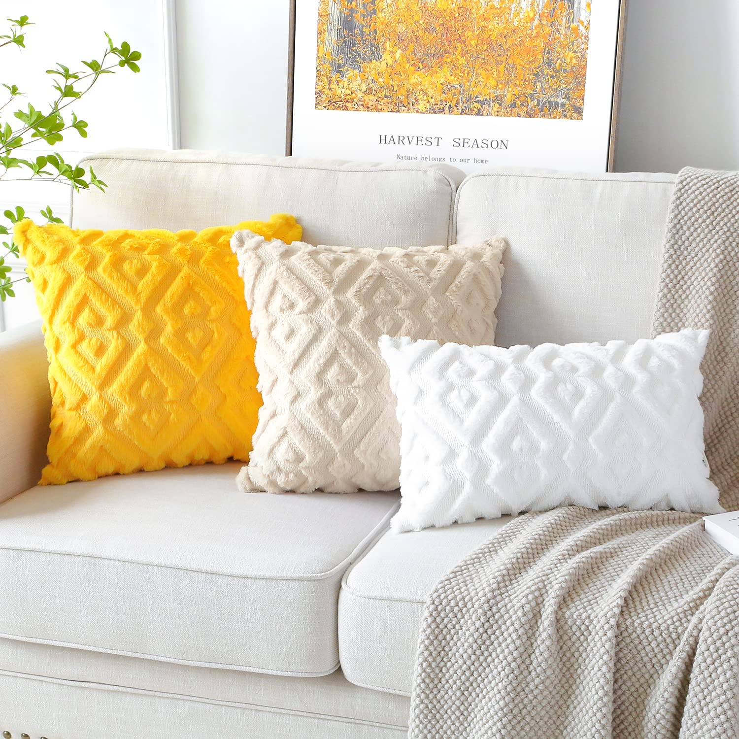 Luxury Soft Plush Short Wool Velvet Decorative Throw Pillow Covers - Pack of 2, Diamond Shape Cream Beige (12x20 Inch) - European Style Cushion Covers for Sofa, Bedroom, Living Room Decor