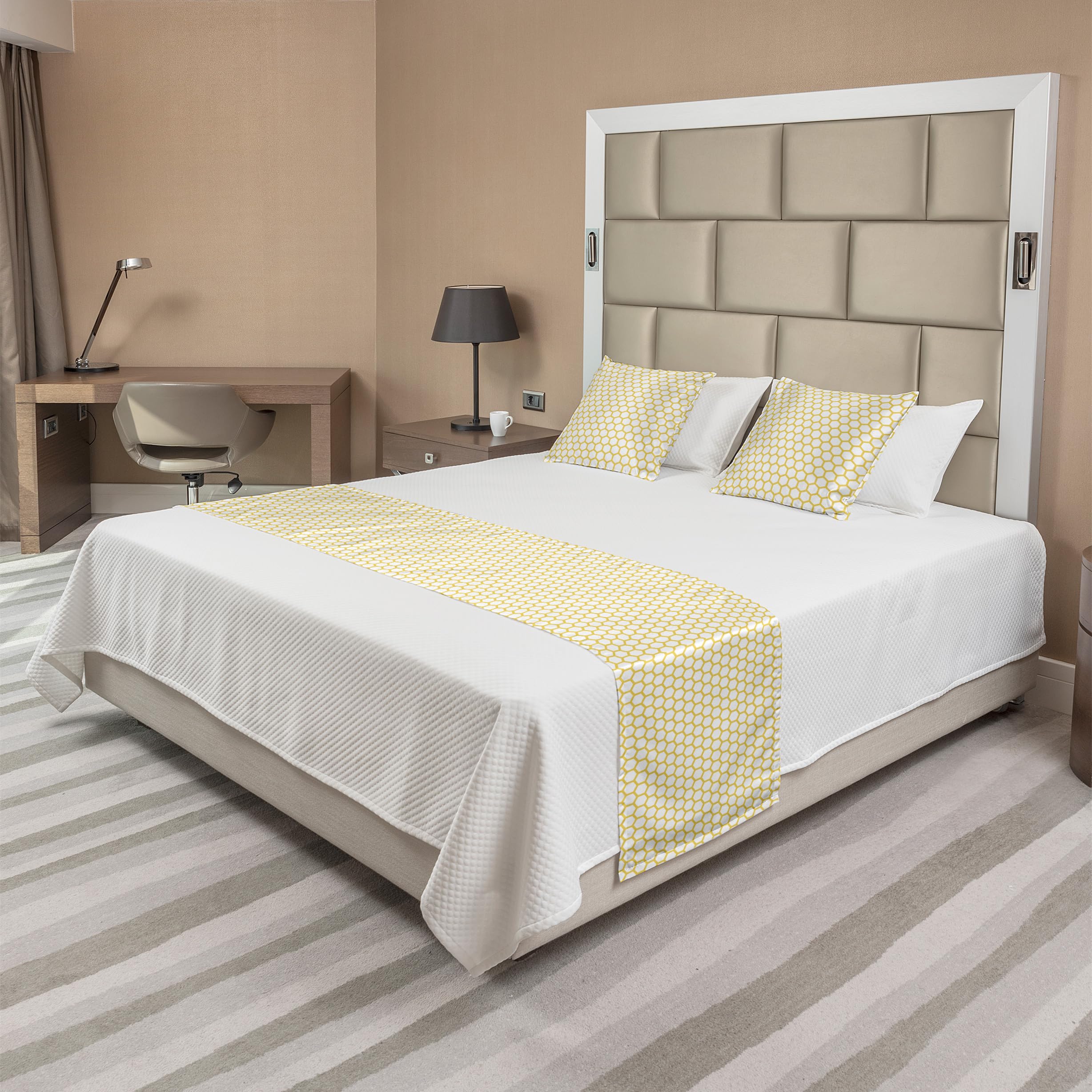 Ambesonne Yellow and White Bed Runner Set with Hexagonal Honeycomb Beehive Pattern - Simple Geometric Monochrome Design - Decorative Bedding Scarf & 2 Pillow Shams for Queen Bed - Perfect for Hotels, Homes, and Bedroom Decor