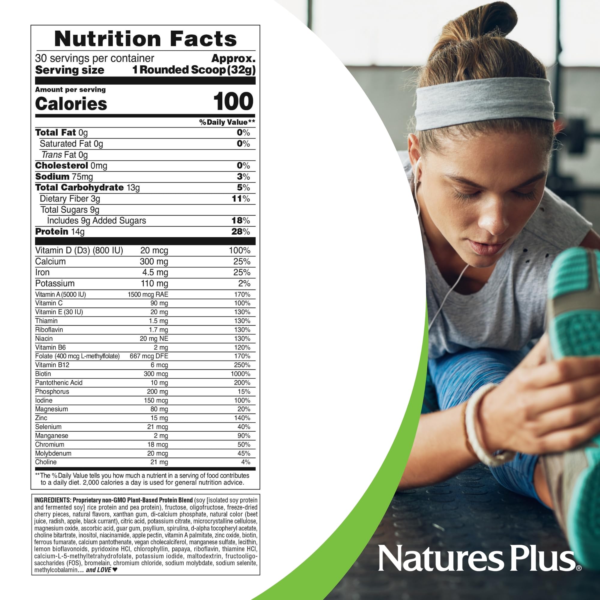 NaturesPlus SPIRU-TEIN Plant-Based Protein Powder - Cherries Jubilee Flavor, 2.1 lbs (30 Servings) | Vegetarian, Gluten Free, Non-GMO | Perfect for Post-Workout Recovery & Smoothie Boosts
