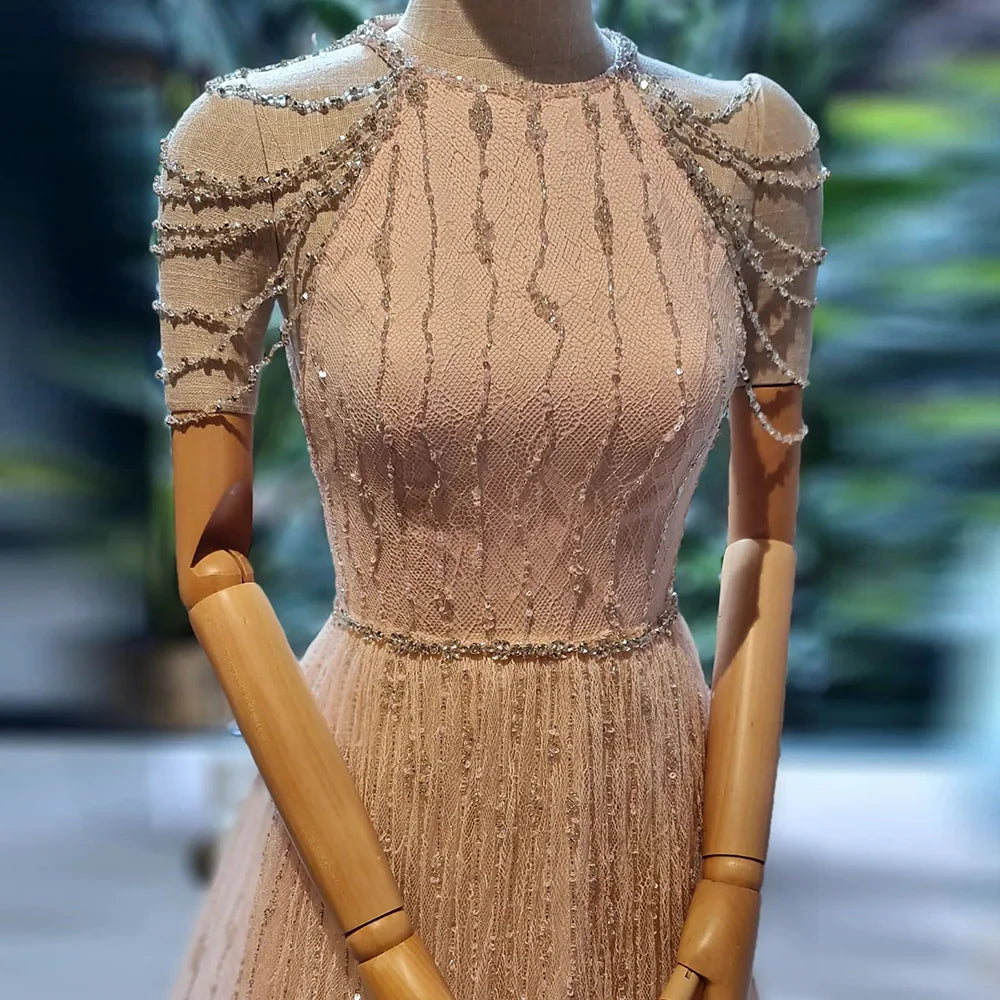 Luxury Dubai Saudi Pink Feather A-Line Arabic Beaded Evening Gown LA72721 for Formal Events, Weddings, Galas & Special Occasions