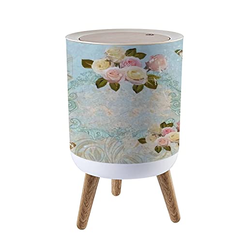 Vintage Rose & Butterfly Small Trash Can with Lid - 1.8 Gallon Round Waste Bin with Press Cover, Dog Proof Garbage Bin for Kitchen, Bathroom, Living Room - Perfect for Home Decor & Romantic Card Display