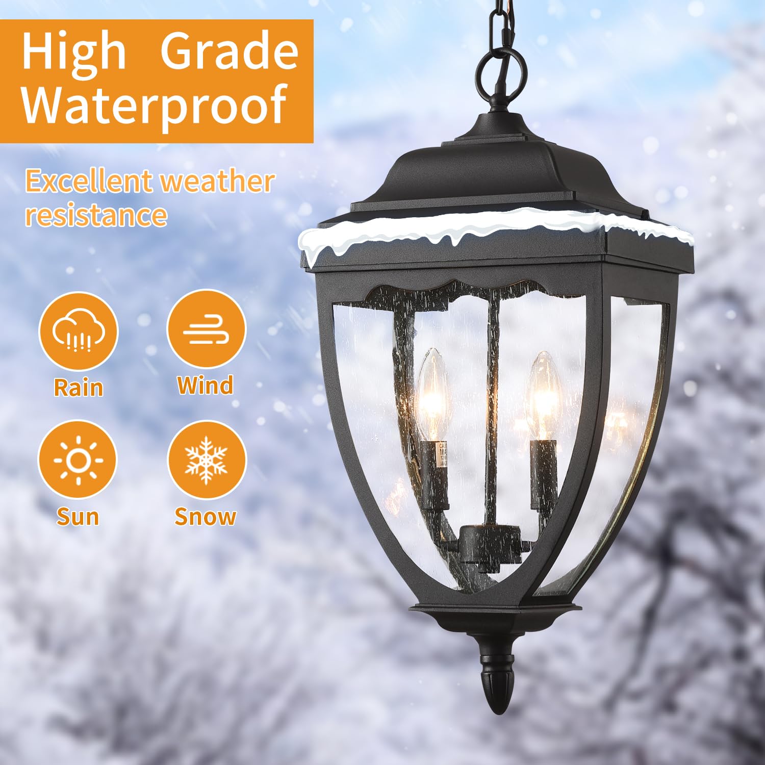 Black Outdoor Pendant Light Fixtures - Exterior Hanging Lantern Chandelier with Seeded Glass for Entryway, Doorway, Farmhouse & Foyer - Perfect for Porch, Patio, and Garden Lighting