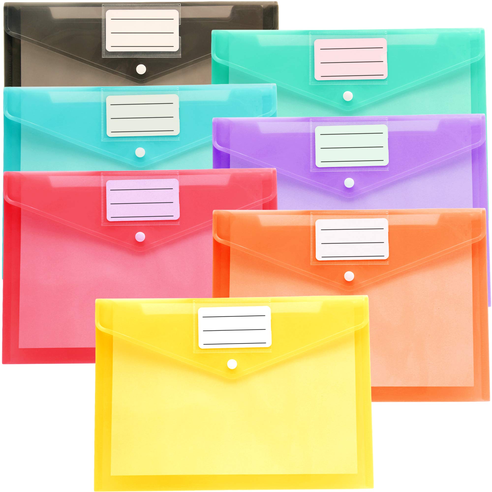 Youngever 21 Pack Plastic Envelopes - Clear Document Folders for US Letter & A4 Size | Snap Button Closure with Label Pocket | 7 Assorted Colors for School, Home, Office Organization | Perfect for Filing, Mailing & Document Storage