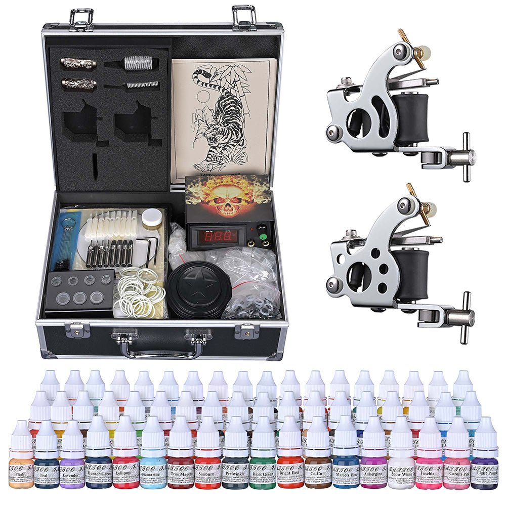 Professional Tattoo Kit with 2 Machines, LCD Power Supply & 54 Color Inks - Complete Starter Set with Carrying Case - Perfect for Home Tattoo Artists & Beginners