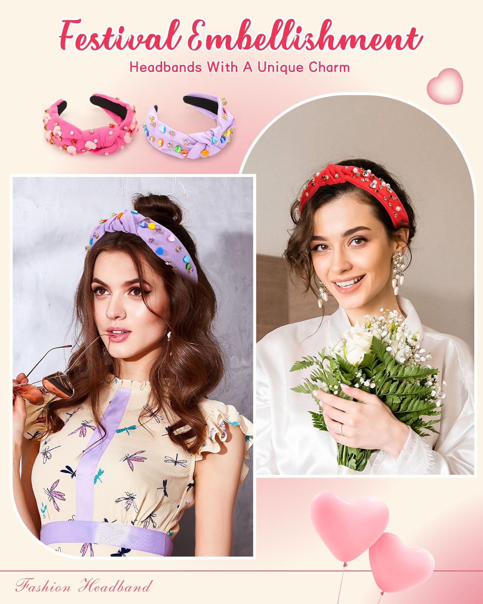 4 Pack Valentines Day Knotted Headbands for Women - Pearl Crystal Gemstone Heart Shape Jewelry Hair Accessories, Fashionable Retro Headbands for Valentine's Party & Dating | Perfect for Valentine's Gifts, Bridal Showers, Date Nights and Special Occasions