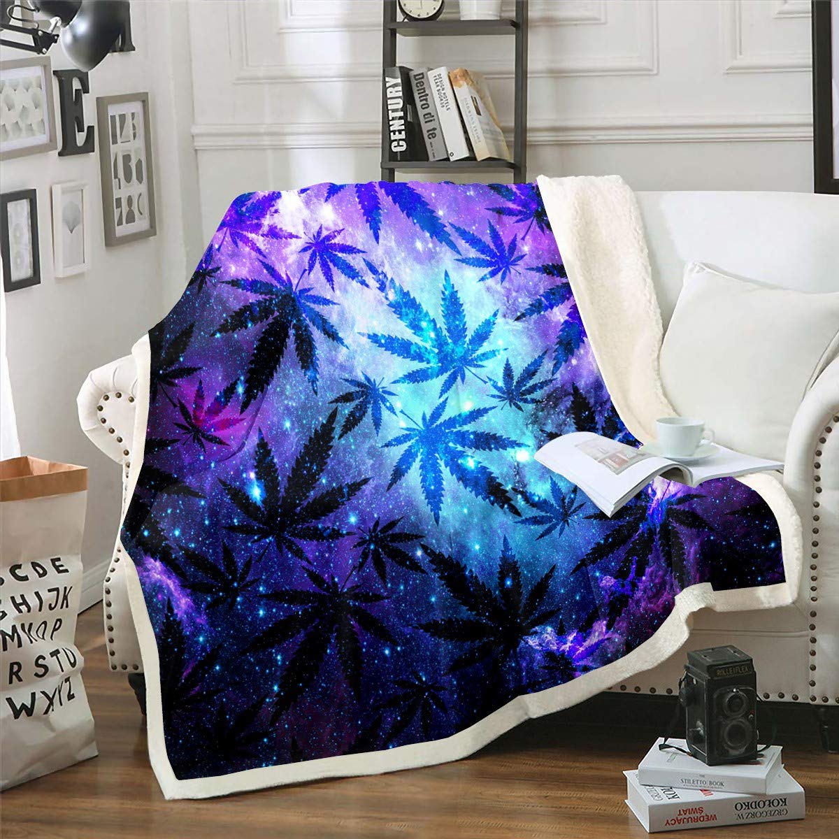 Erosebridal Cannabis Leaf Flannel Sherpa Blanket - Soft Plush Throw Blanket for Teens, Women & Men - Trippy Purple Blue Galaxy Design - Twin Size 60