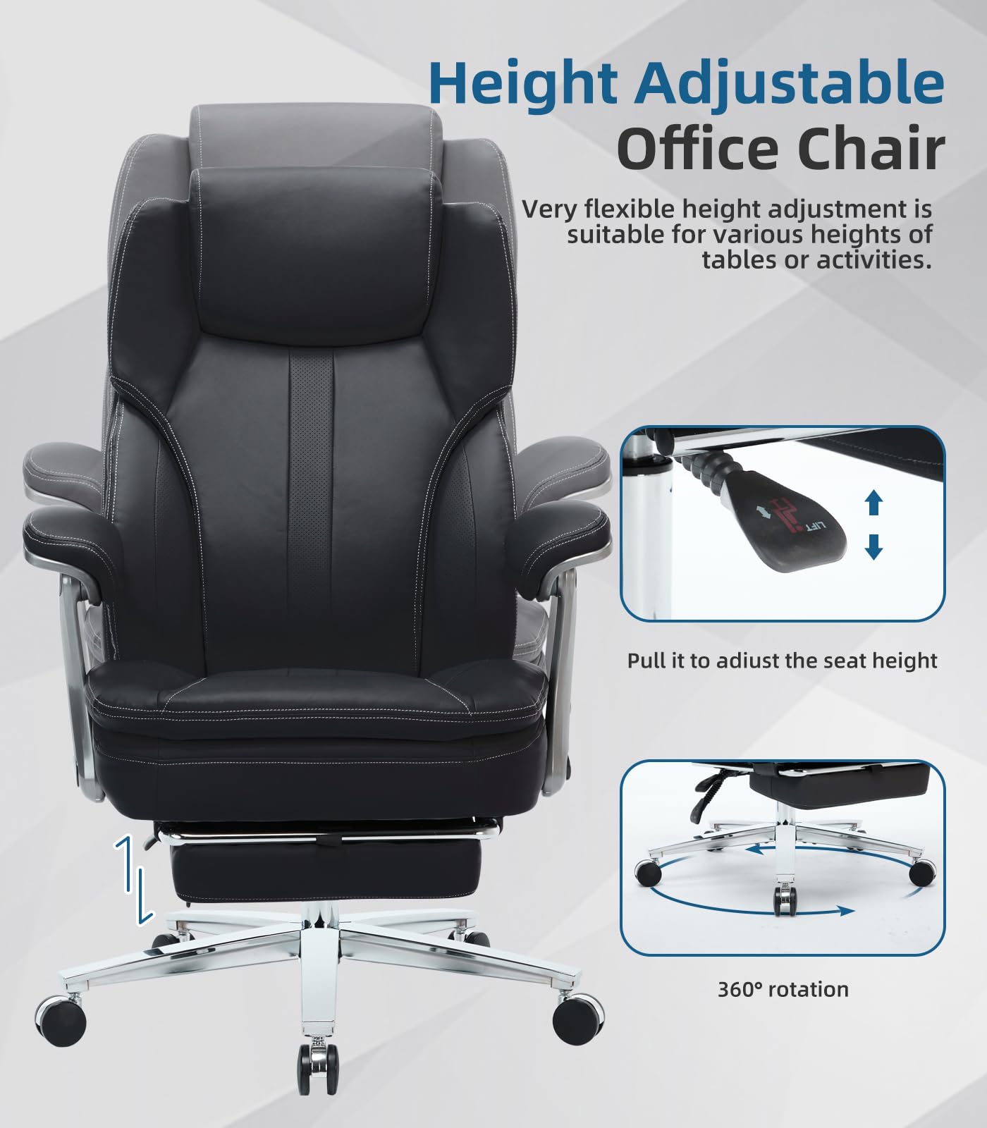 Big and Tall Office Chair with Footrest - Ergonomic High Back Executive Chair, Extra Wide Armrests, 500LBS Weight Capacity, PU Leather Managerial Desk Chair, 90-135° Reclining - Perfect for Home Office, Gaming, and Long Work Sessions