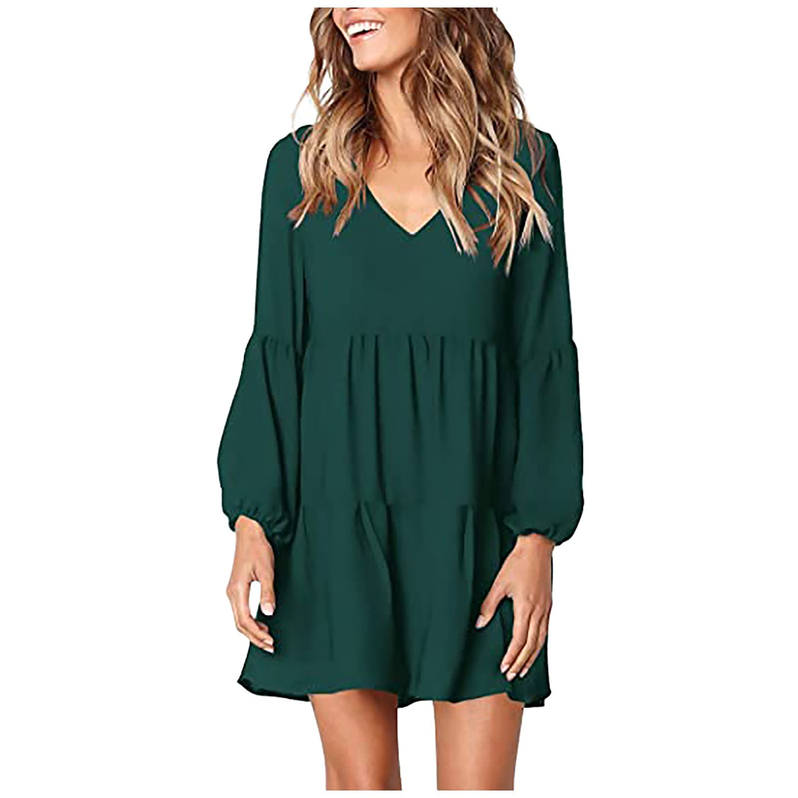 Women's Fashion Solid V-Neck Lantern Long Sleeve Flowy Swing Shift Dress - Loose Bohemian Maxi Dress for Beach, Party & Casual Wear | H149