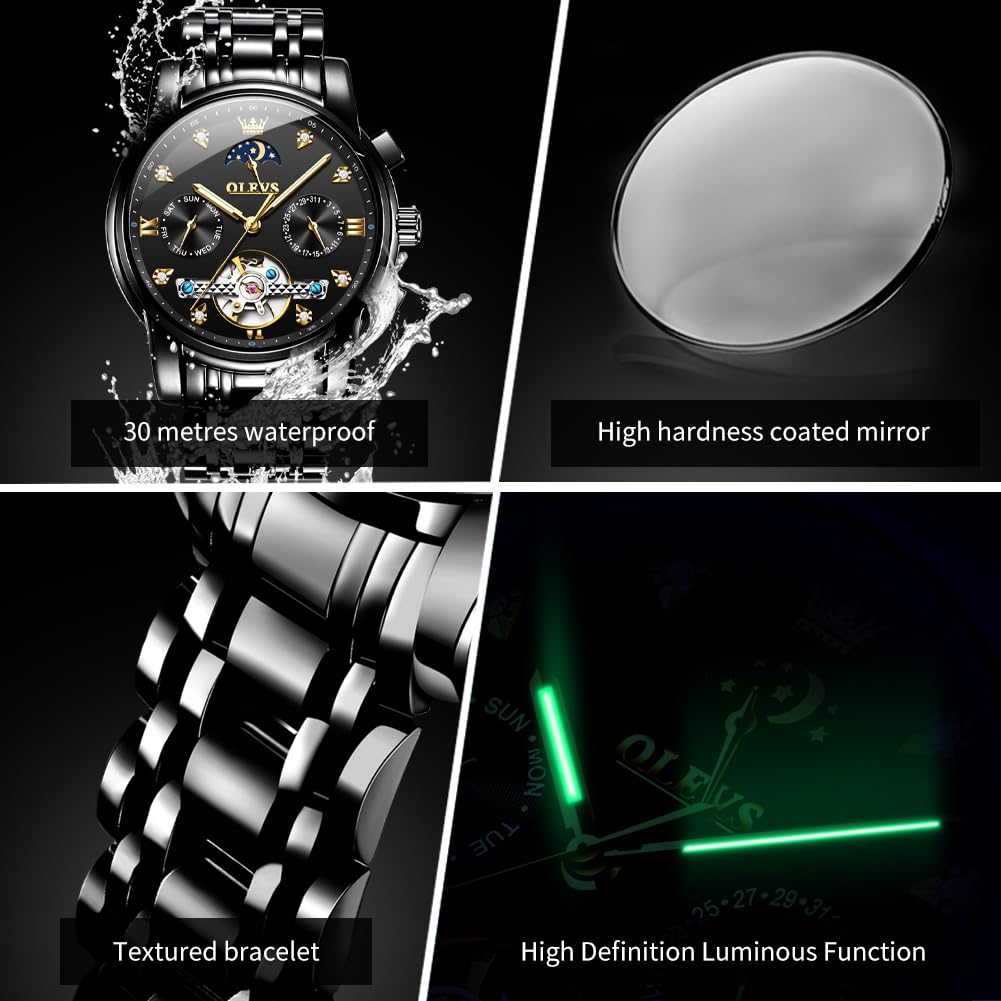 OLEVS Men's Automatic Self-Winding Skeleton Watch - Luxury Stainless Steel Waterproof Wristwatch with Luminous Hands - Perfect for Business, Formal Events & Everyday Wear