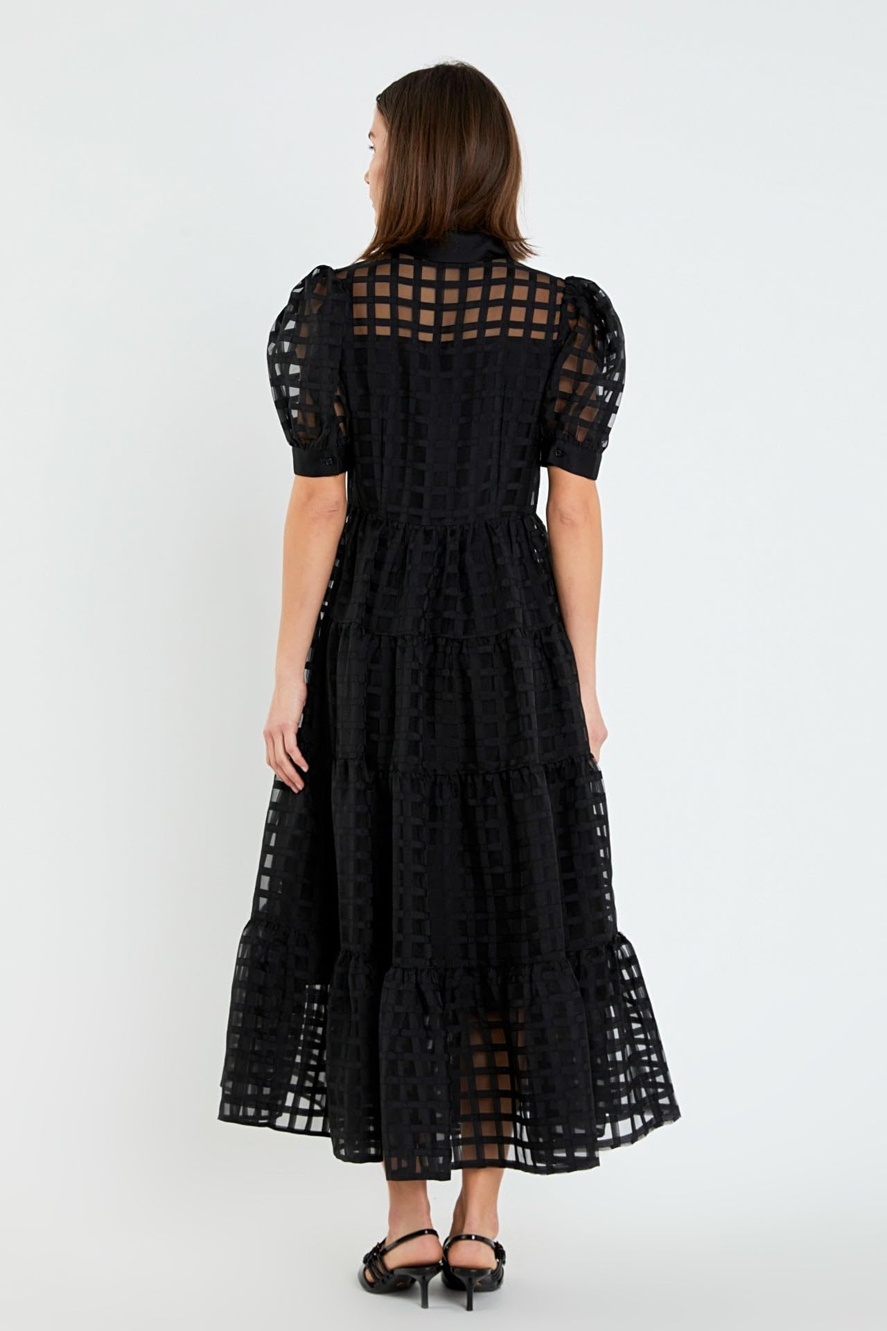 English Factory Women's Gridded Organza Tiered Maxi Dress - Elegant Flowy Summer Wedding Guest Dress for Beach Parties & Formal Occasions