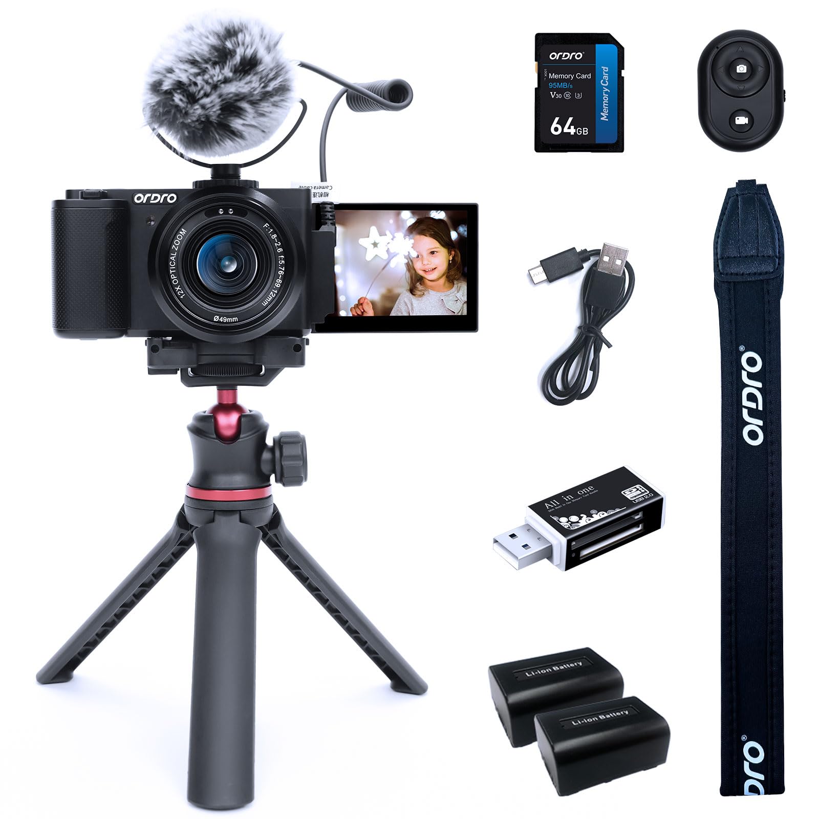 ORDRO 5K Digital Camera for Photography & Vlogging - 64MP 12X Optical Zoom Travel Camera with Flip Screen, External Microphone & Tripod Grip | Perfect for YouTube Content Creation, Travel Photography & Social Media Blogging | Includes 64GB Memory Card