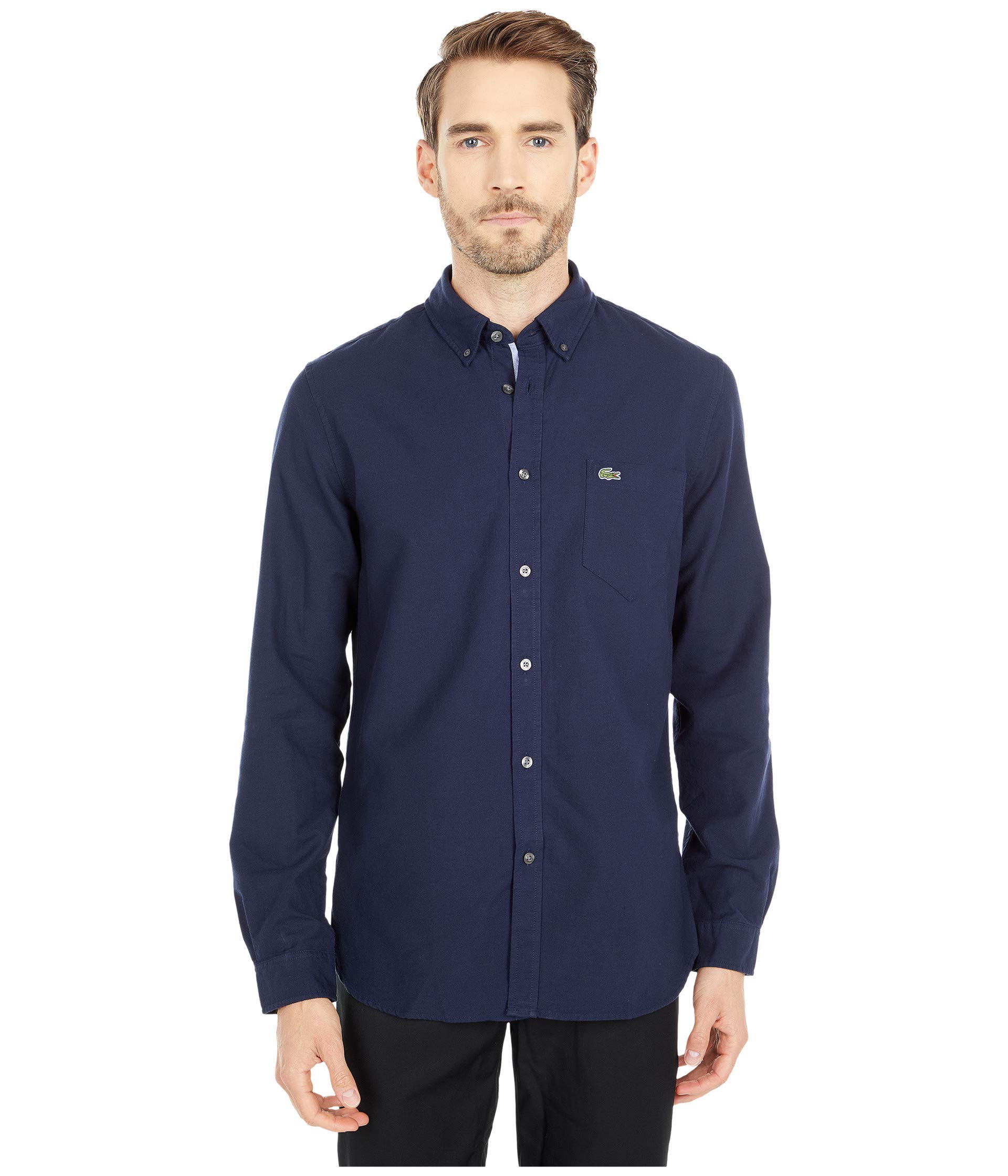 Lacoste Men's Long Sleeve Button Down Oxford Shirt - Classic Regular Fit Solid Color Dress Shirt for Work, Office & Casual Wear