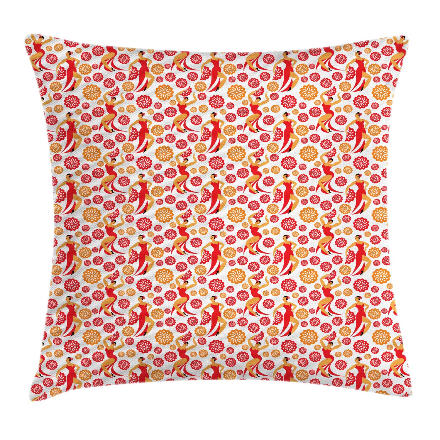 Ambesonne Spanish Flamenco Dancers Throw Pillow Cover 20x20 - Traditional Cultural Illustration Decorative Square Cushion Case in Vermilion Pale Orange White for Living Room Sofa Bedroom Decor