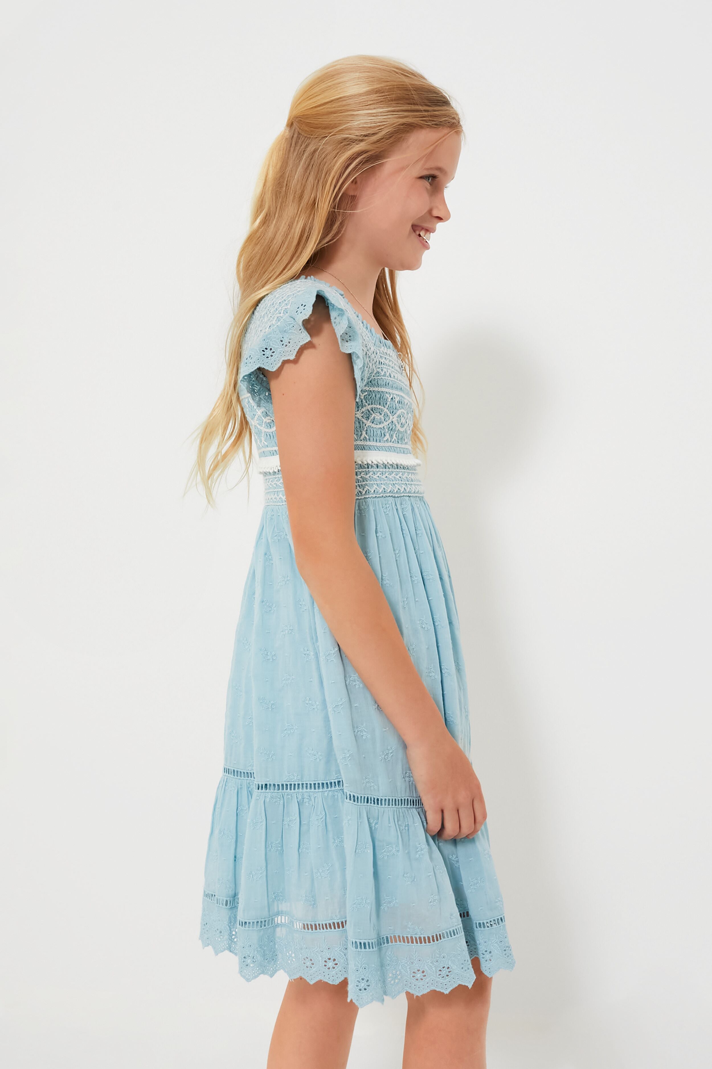Blue Olga Hand Smocking Short Sleeve Smocked Dress for Women - Elegant Summer Casual Dress for Beach, Party & Vacation Wear