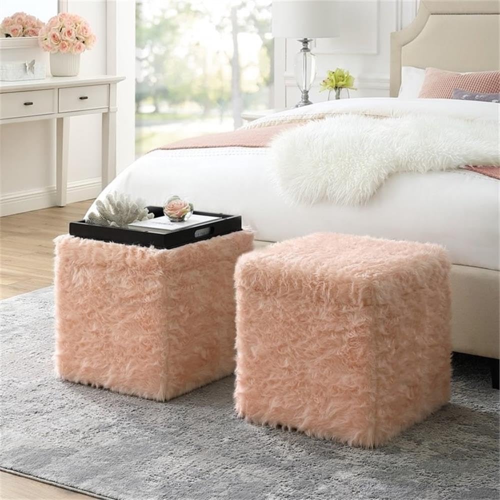 Stanley Modern Faux Fur Fabric Cube Storage Ottoman in Blush Pink - Versatile Living Room Furniture for Small Space Organization, Extra Seating & Home Decor