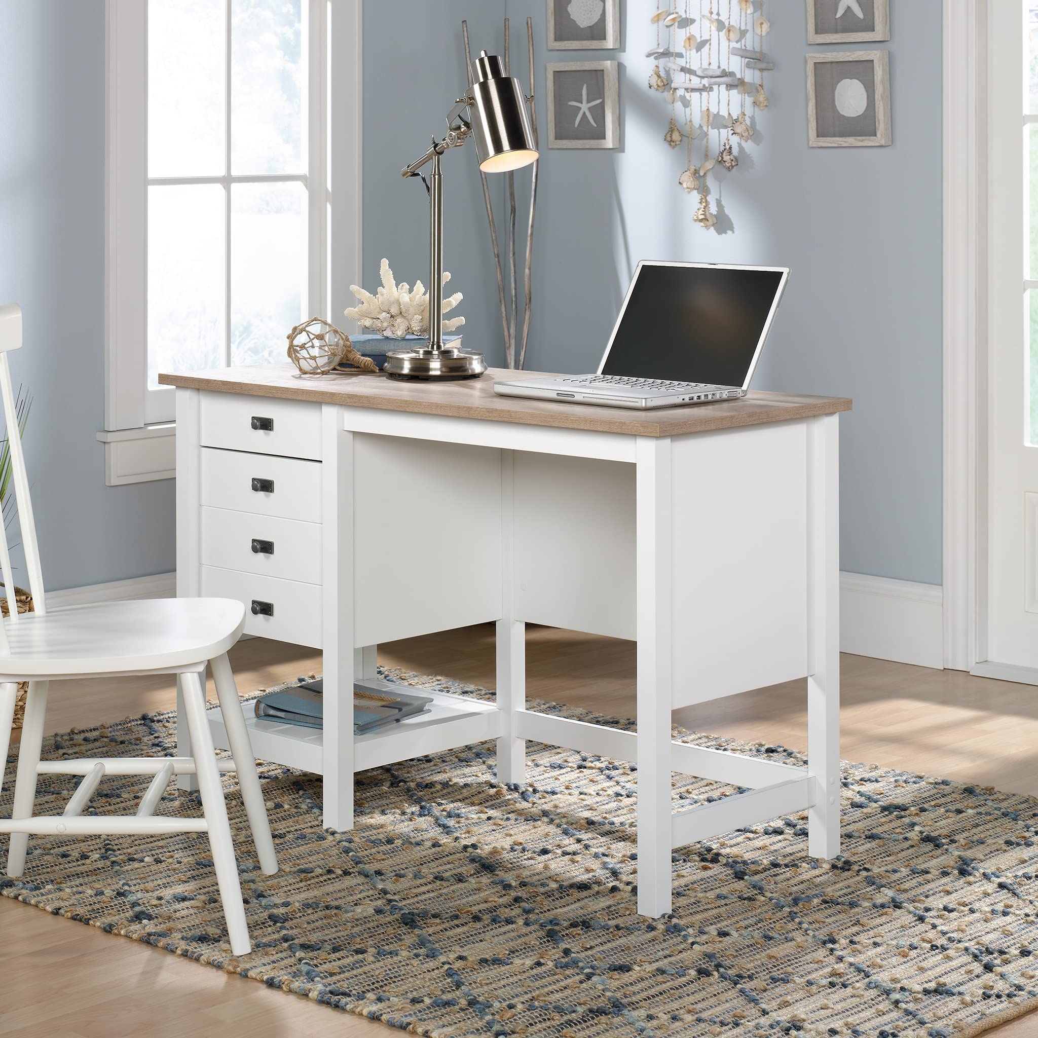 Sauder Cottage Road Coastal Single Pedestal Desk - Soft White Finish - Perfect for Home Office, Study & Small Spaces - Coastal Style Writing Desk with Storage
