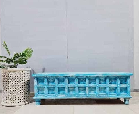 Handmade Carved Indian Solid Hardwood Blanket Chest - Rustic Blue Storage Box 55