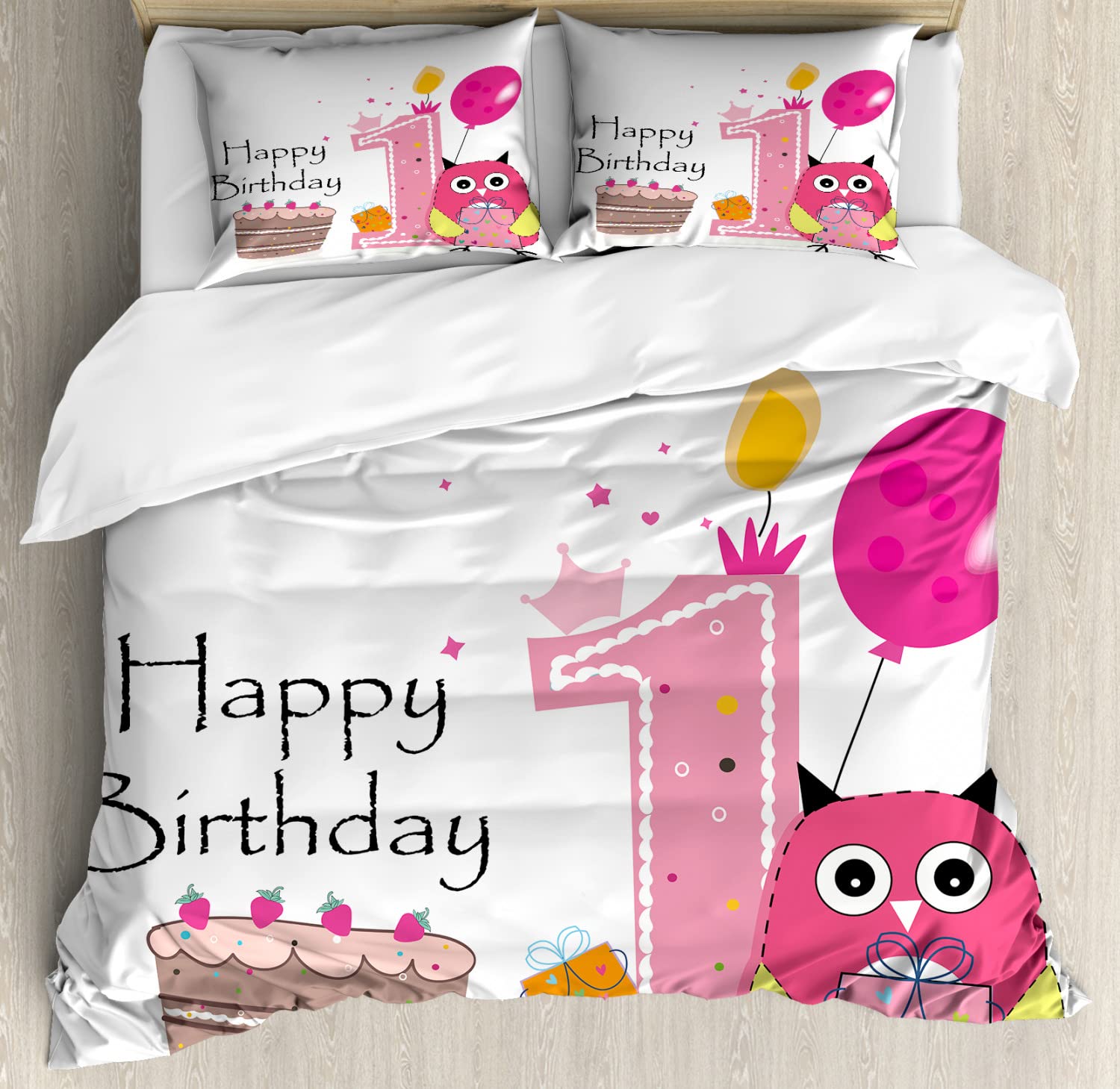 Ambesonne 1st Birthday Duvet Cover Set - Cartoon Owl Design with Cake & Candle - 2 Pack California King Size Bedding (Brown, Hot Pink, Pink) for Kids Room Decor & Birthday Party Theme