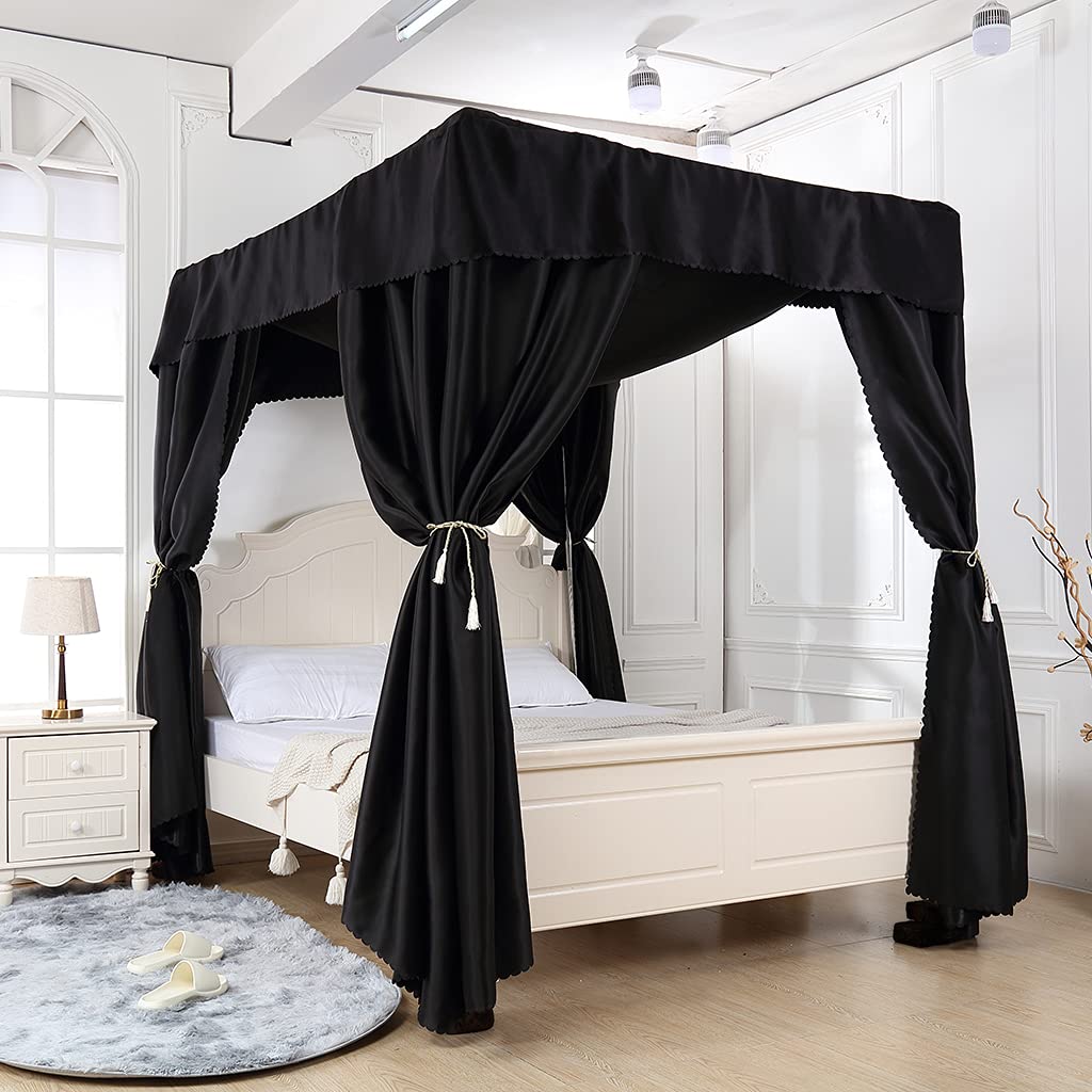 100% Lightproof Black 4 Corner Post Bed Canopy - Privacy Protection Bed Curtain for Girls, Boys & Adults - King Size Bedroom Decoration - Perfect for Light Sleepers, Shift Workers & Room Dividers