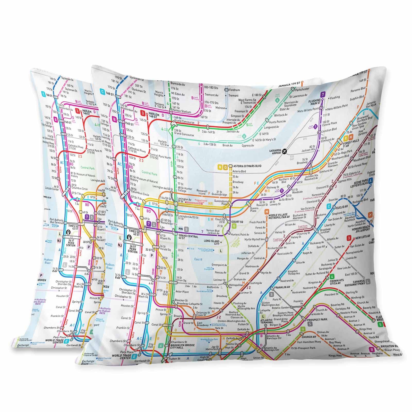 New York Subway Map Throw Pillow Covers - Soft Decorative Square Cushion Cases (Pack of 2, 18x18 Inch/45x45cm) for Sofa, Bedroom, Car - Red, Blue, Orange, Purple, Green, Pink - Perfect for Home Decor, Travel Enthusiasts & NYC Lovers